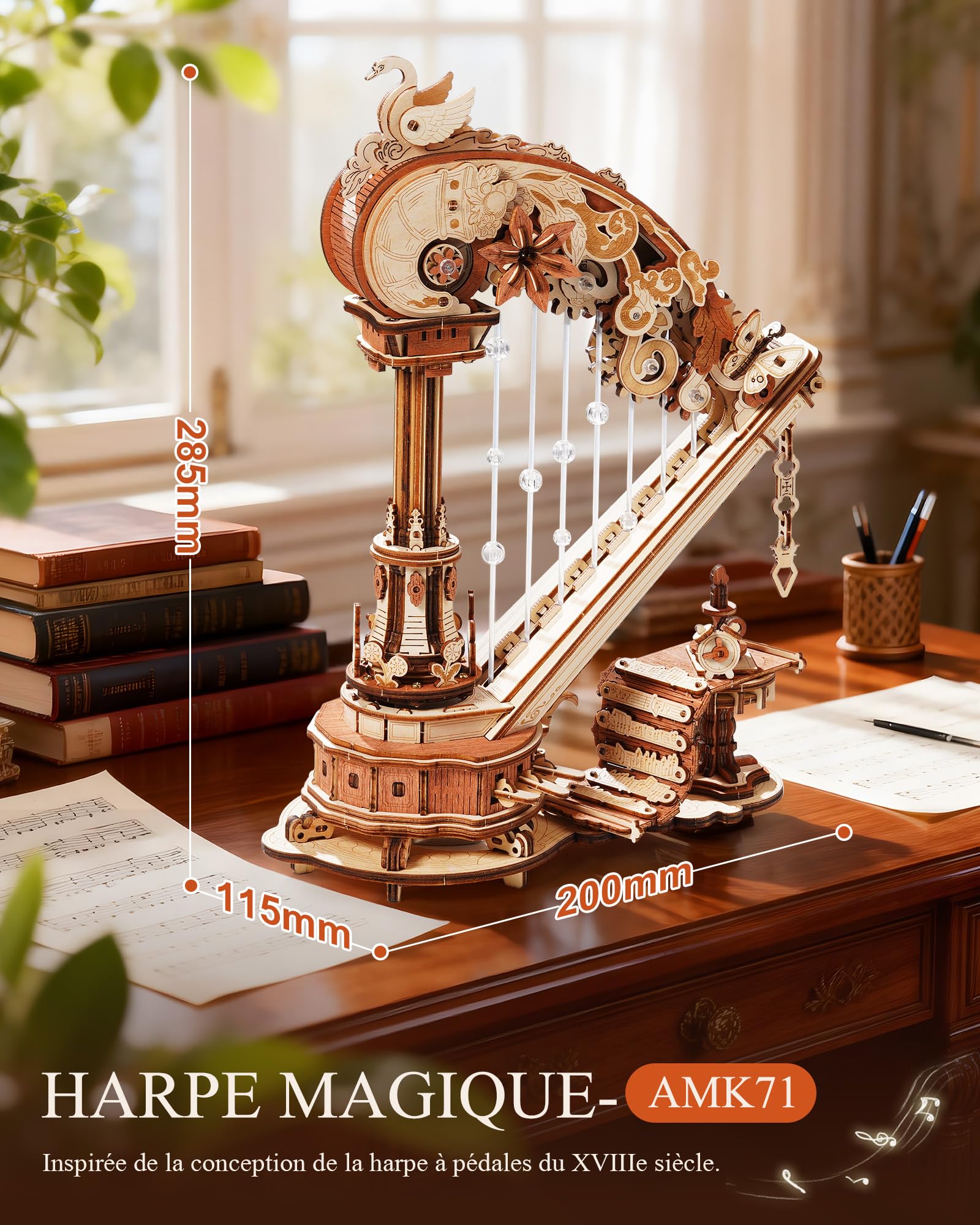 ROKR Puzzle 3D en Bois Modèle Dynamique de Harpe,AMK71 | Maquette à Construire,décoration de Bureau,Cadeau Anniversaire