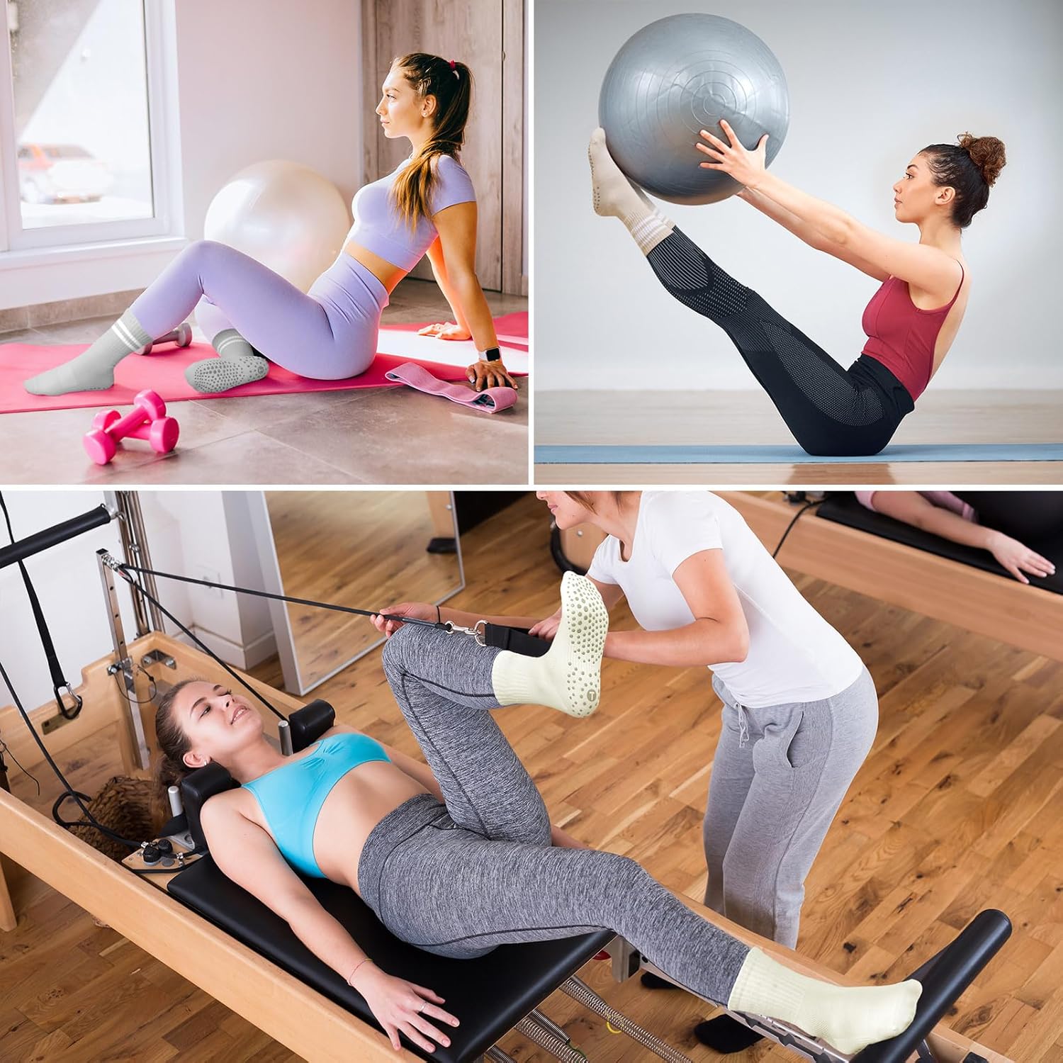 Grip Pilates Crew Socks for Women, Non Slip Yoga Socks with Grips for Barre Hospital Grippy Sticky Sock - Image 2