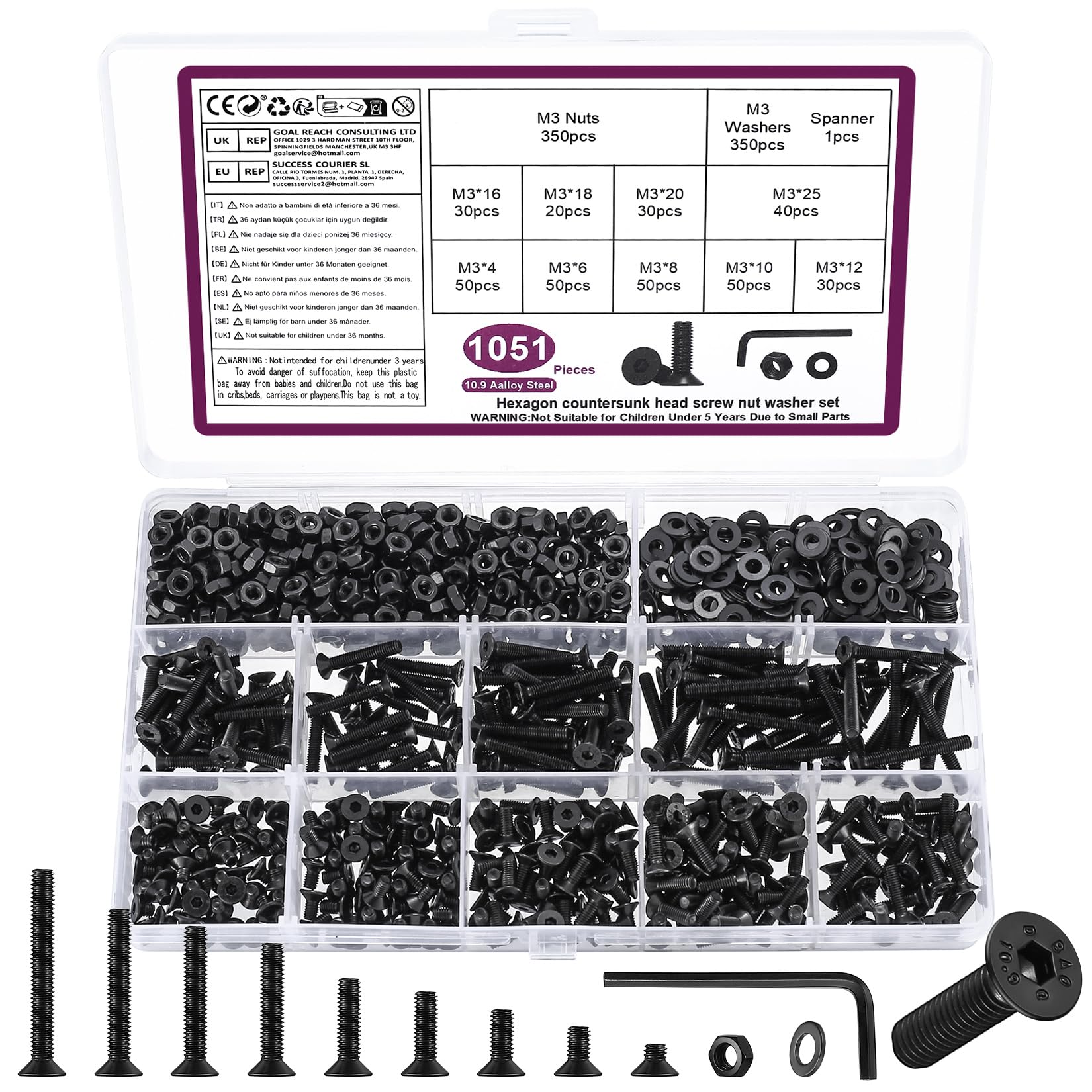 1051 Pcs M3 Screws Set, M3 Bolts and Nuts Set, Countersunk Nuts and Bolts, Flat Head Machine Screws and Washers, Hex Socket Head Cap Screw Assortment with Wrench — image 1