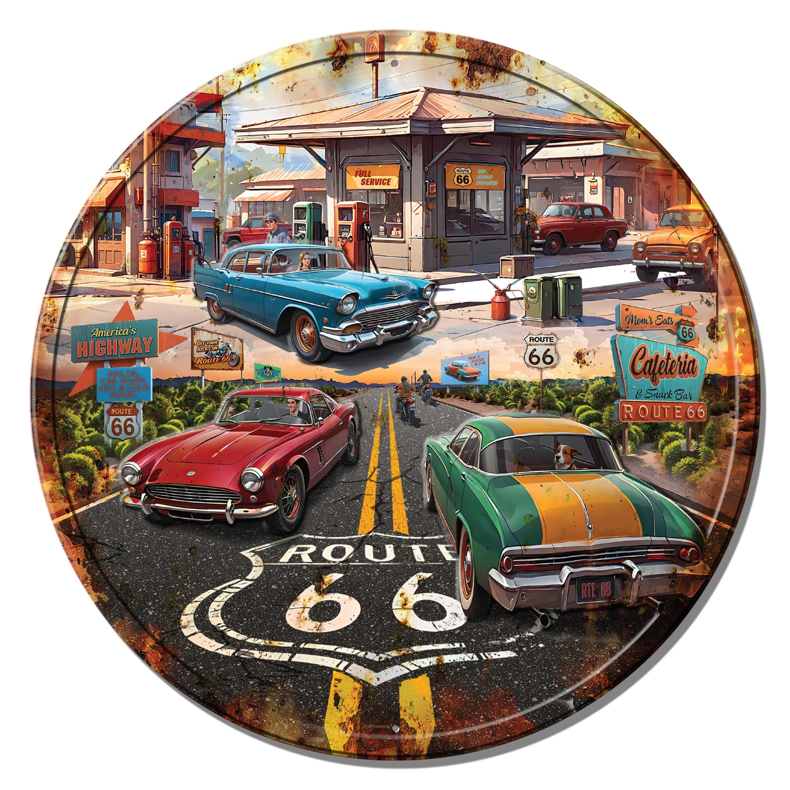 Desperate Enterprises Route 66 Gas Fully Embossed Round Steel Sign - Route 66 Garage Signs - Nostalgic Vintage Metal Signs - Made In The Usa