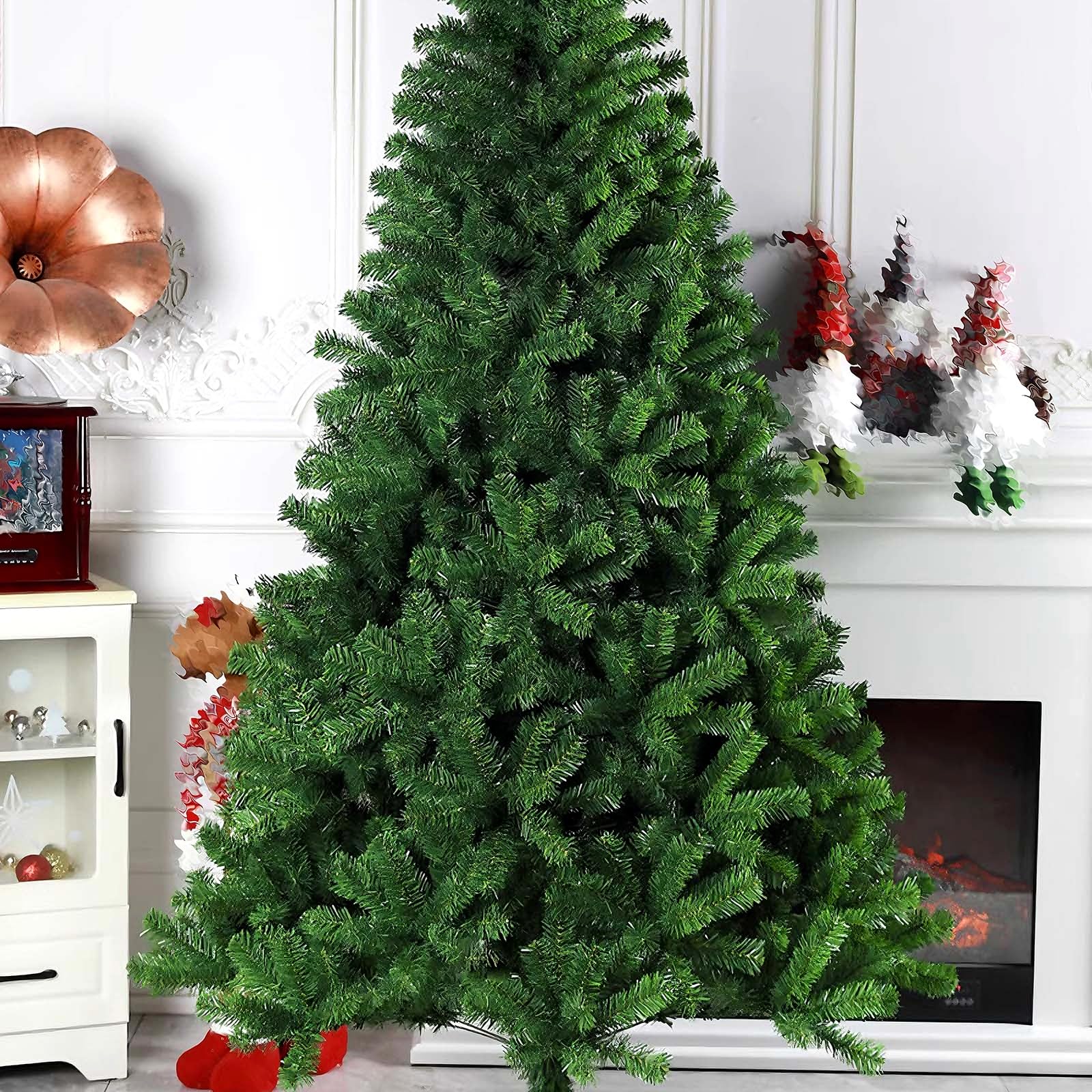 Arbol de Navidad Artificial Verde Sin Adornos Plantas Artificiales Exterior con Soporte De Metal Árboles de Navidad Originales de PVC para Fiestas, Dormitorios, Tiendas(210cm/82.7")