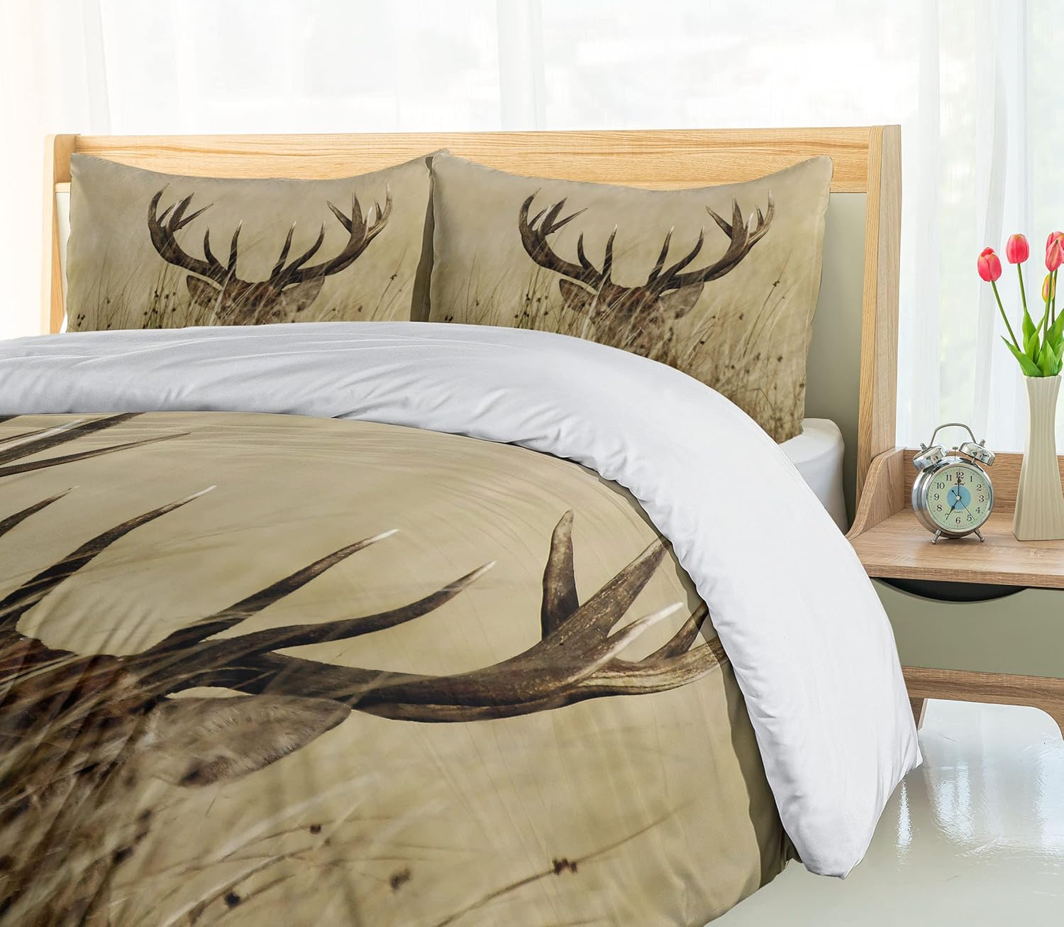 Ambesonne Antler Duvet Cover Set, Whitetail Deer Fawn in Wilderness Stag in Countryside Rural Hunting Theme, Decorative 2 Piece Bedding Set with 1 Pillow Sham, Twin Size, Sand Brown Twin Sand Brown