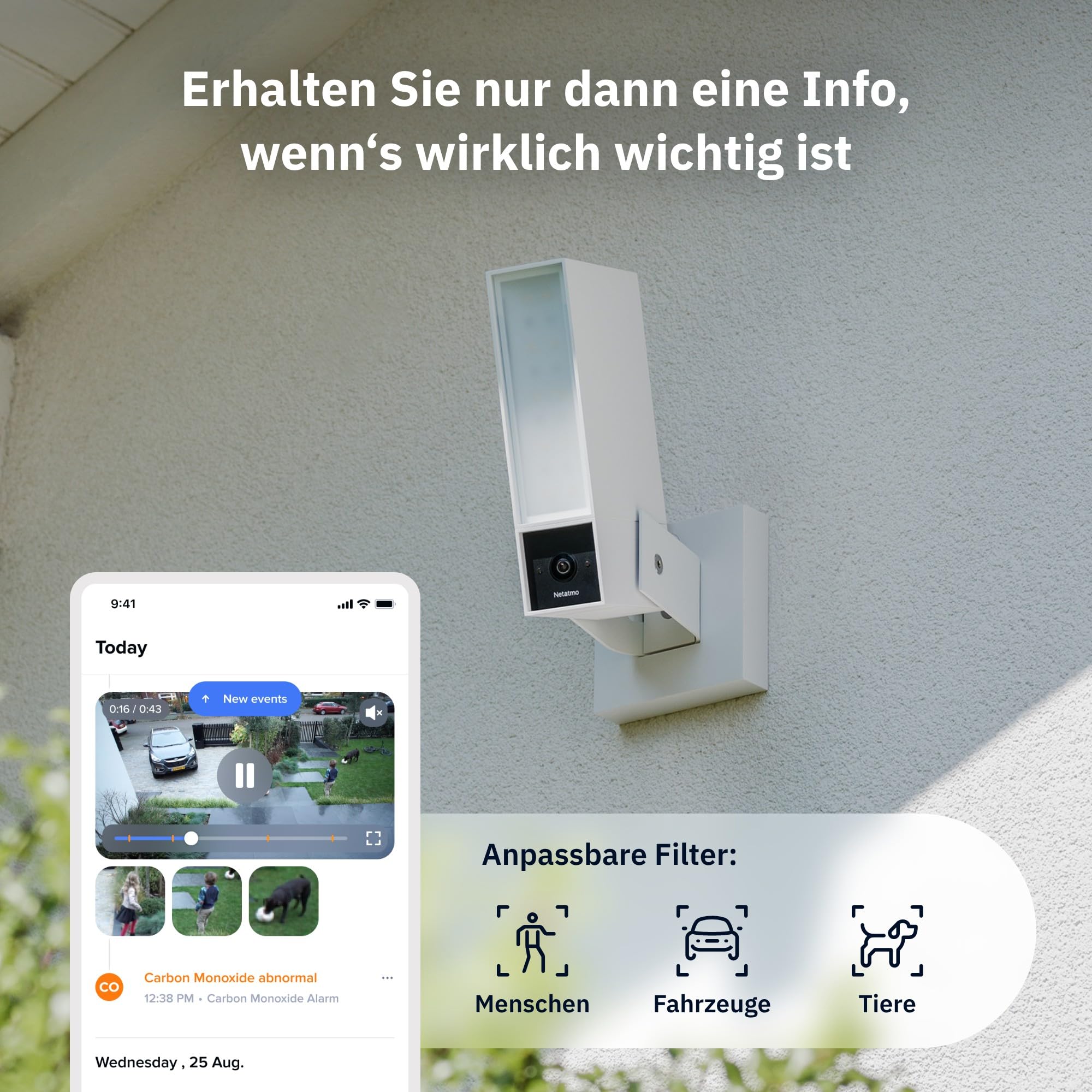 NETATMO Überwachungskamera für den Außenbereich, 2SD, WLAN 5 GHz, 2K HDR, KI-Erkennung Personen/Fahrzeuge/Tiere, LED-Flutlicht 12 W, Sirene 105 dB, lokale Speicherung, ohne Abonement, Weiße, NOC-2-AMZ