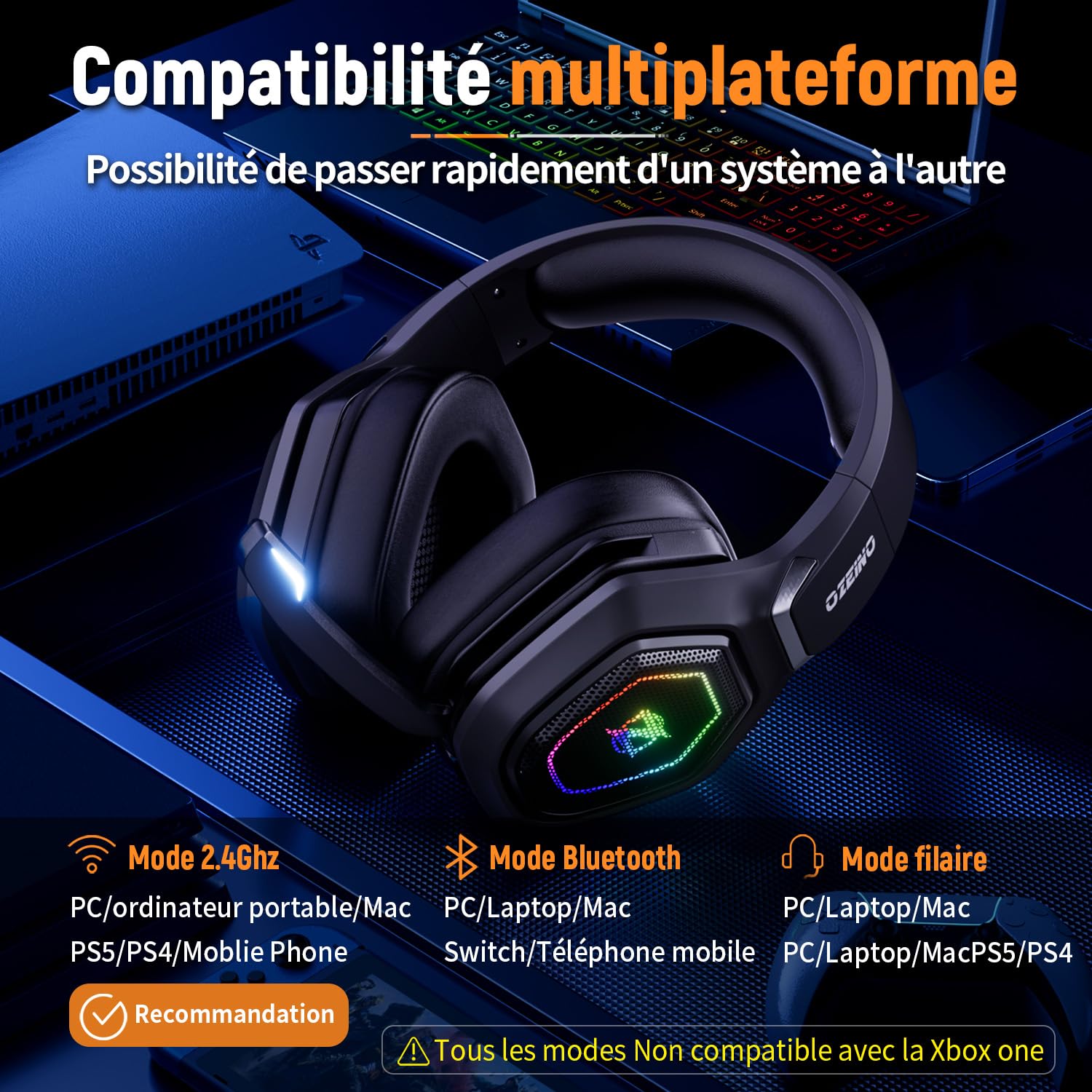 Ozeino Casque Gaming sans Fil pour PC PS5 PS4, 2.4GHz Audio sans Perte, USB & Type-C Casque de Jeu Ultra Stable avec Microphone Flip (Noir)