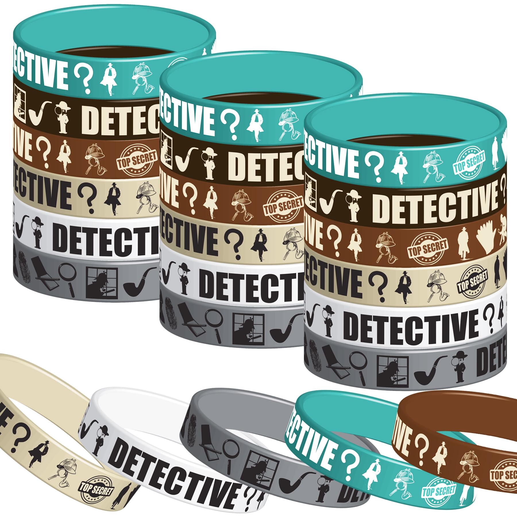 CupaPlay 24Ct Detective Party Rubber Bracelets Party favors - Top Secret Spy Murder Mystery Theme Party Supplies Decorations Birthday Silicone Wristbands Gifts