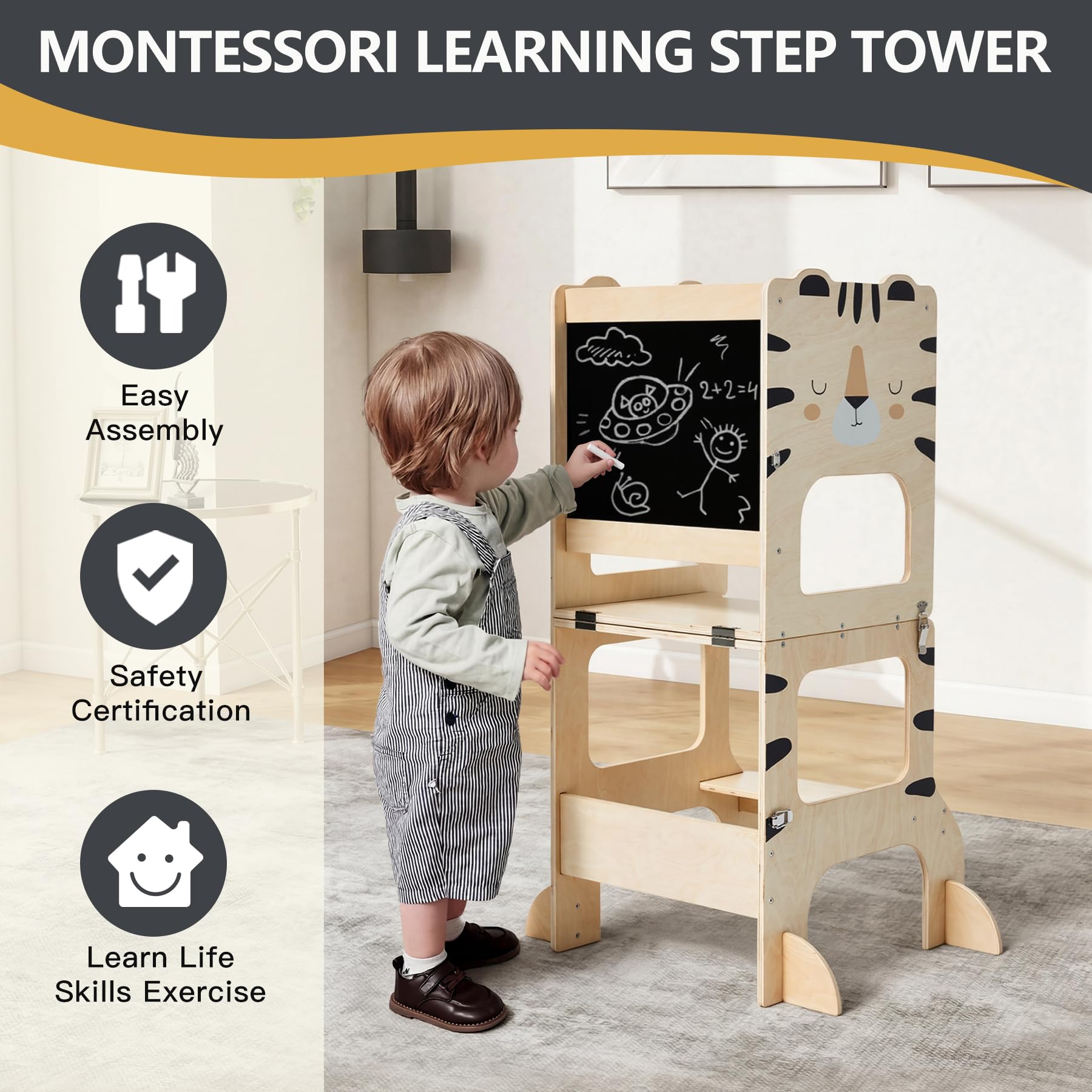 Torre da cucina per bambini, torre di apprendimento in piedi, 2 in 1, sgabello da cucina in legno nero con lavagna Montessori e Waldorf Helper per bambini in cucina