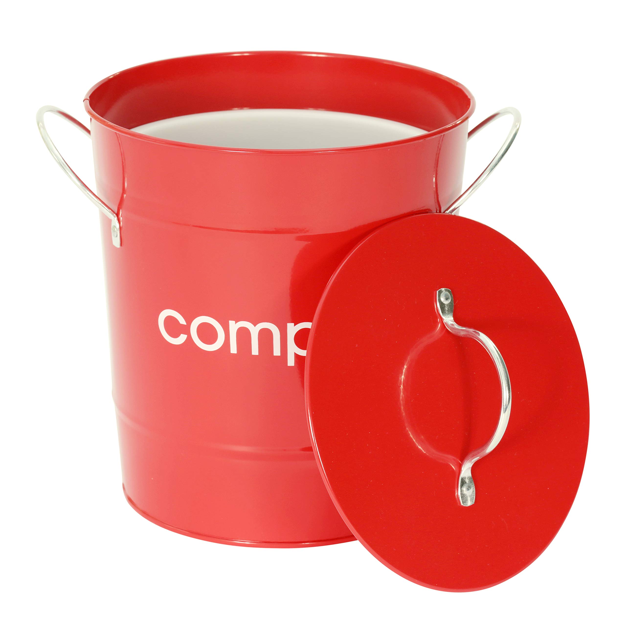 PREMIER Housewares 0510017 Compostiera, in Acciaio Zincato Rosso, Maniglie in Zinco, Secchio di Plastica Interno