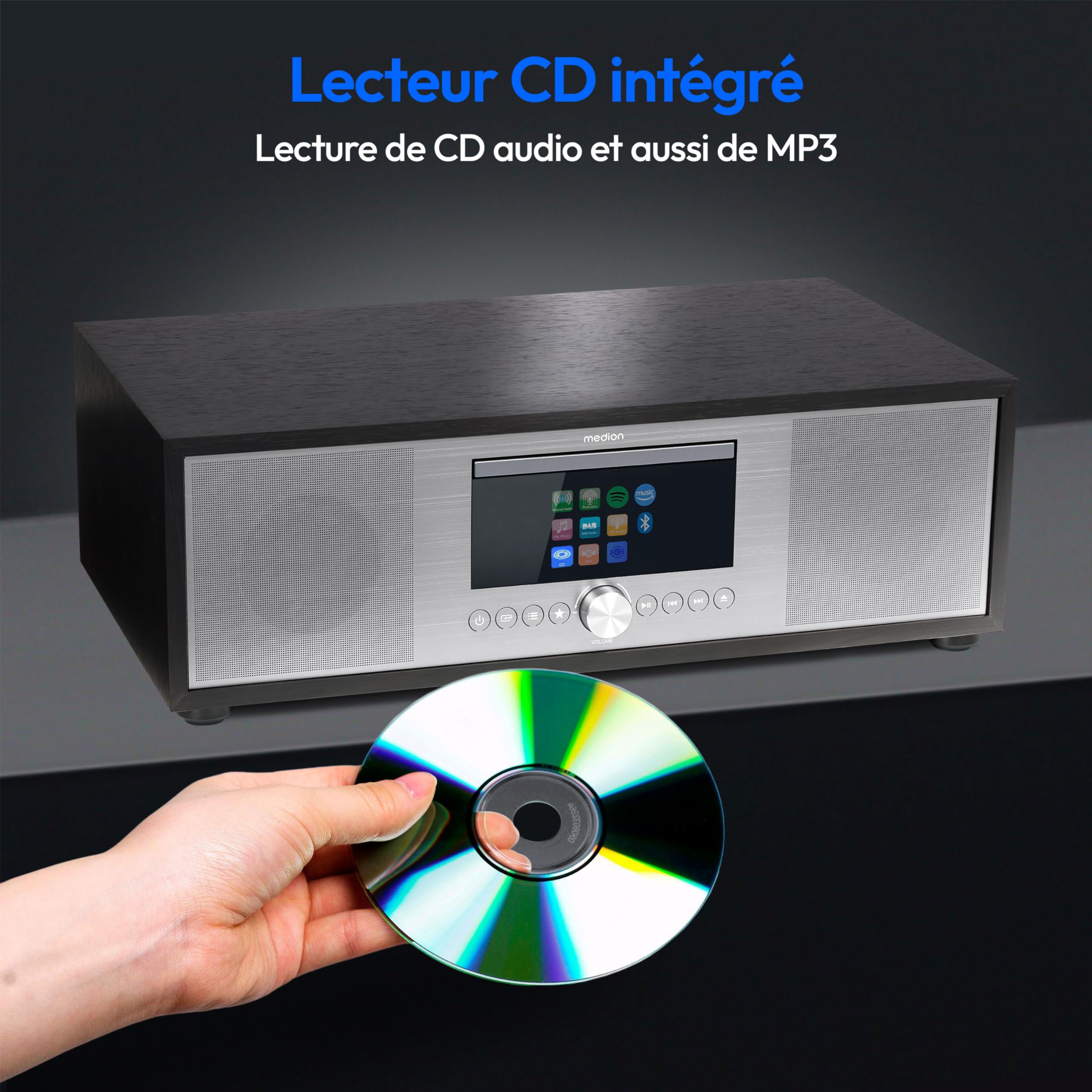 MEDION P66400 Chaîne Audio Tout-en-Un (Radio Internet, Dab+, Lecteur CD/MP3, Spotify, Amazon Music, Radio FM PLL, USB, AUX, Caisson de Basses, Réveil, Veille Automatique) Argent