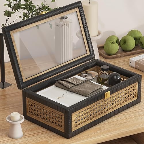 Miniatura 5 de Caja decorativa de ratán, cajas de exhibición bohemias con tapas, juego de 2 decoraciones rectangulares de mimbre para almacenamiento, contenedores