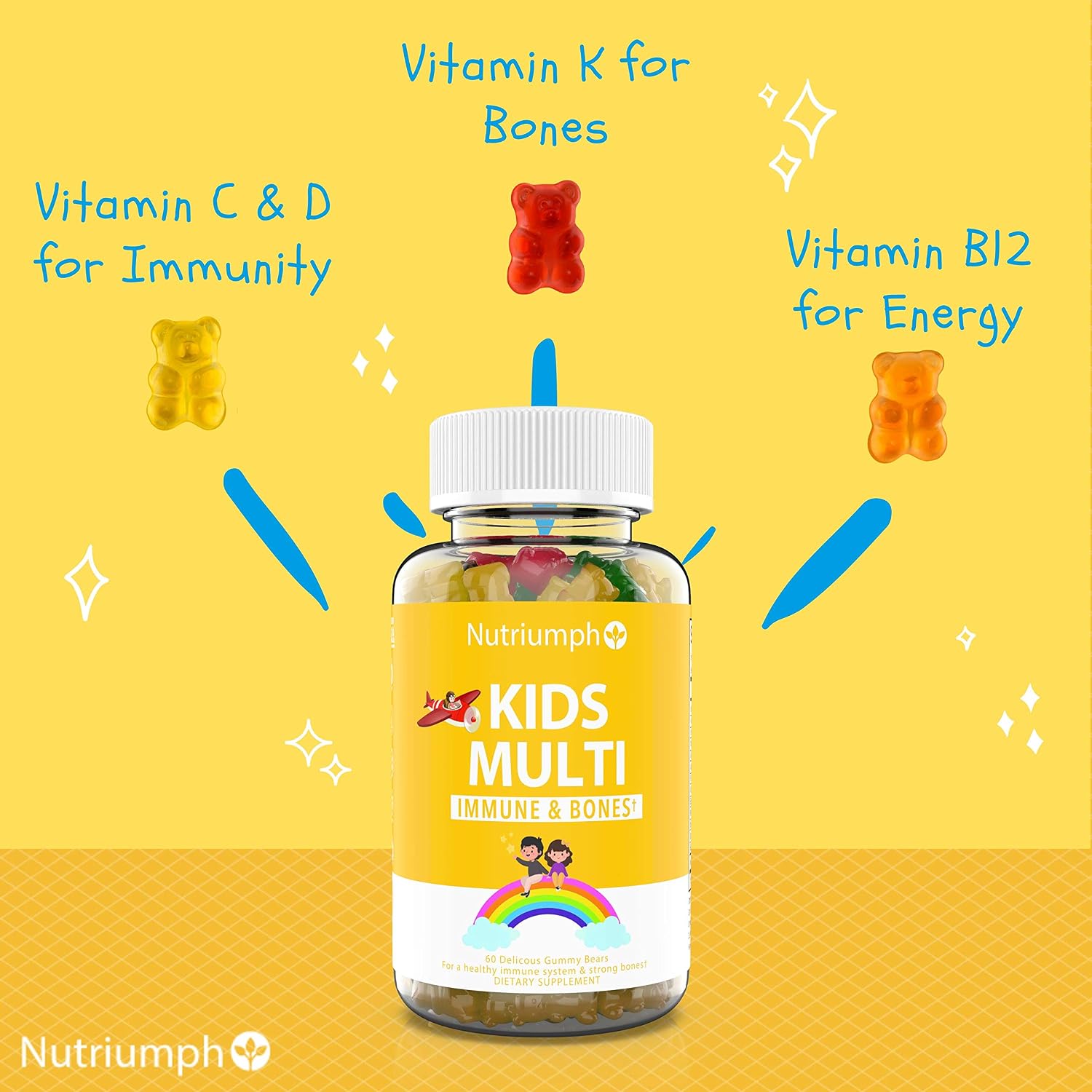 Kids Gummy Bear Multivitamin | Vitamin A, C, D3, E and Zinc Supplements| Immunity, Strong Bones & Energy | Natural Fruit Flavors | B6 & B12| 60 Gummies