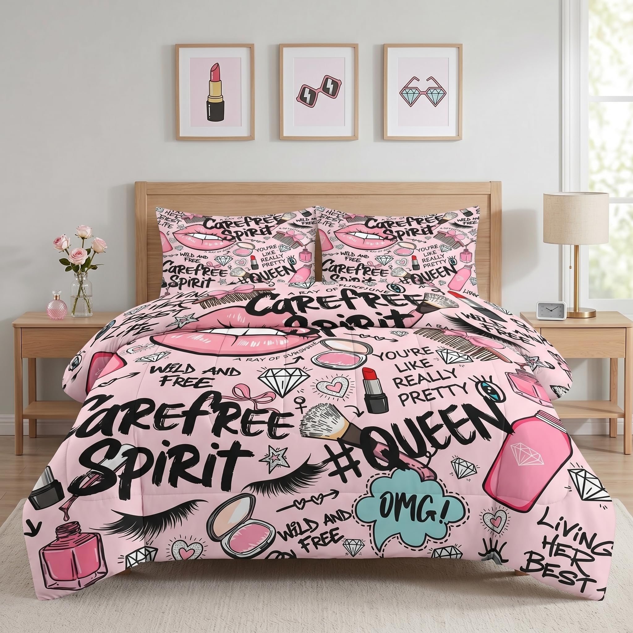 Pamnest Comforter Set Full Size, Makeup Pink Queen Soft 3 Pcs Bedding for Kids and Adults, Women Diamond Cute Comforter Set with Pillowcase, for Bedroom Bed Decor