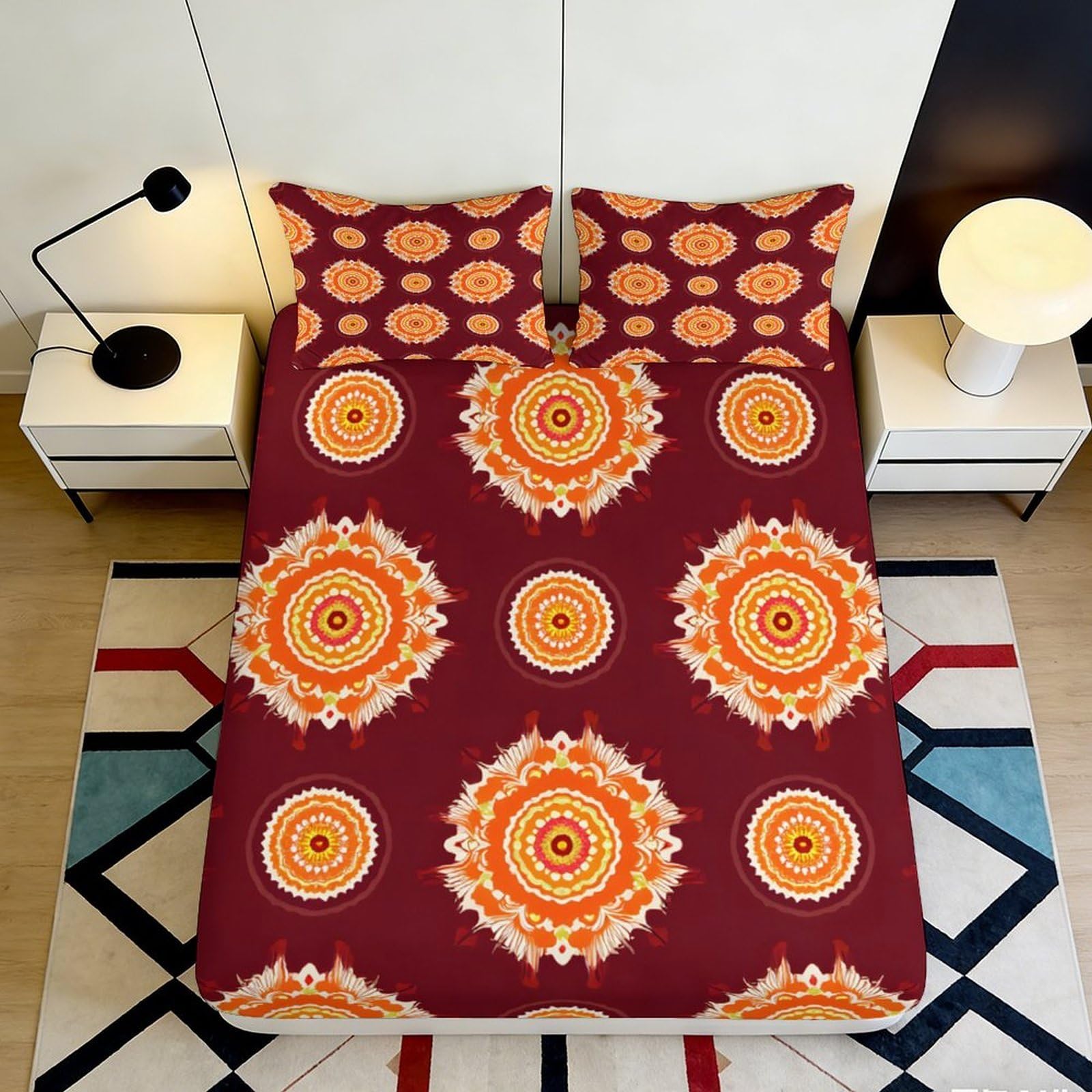 3D Printed Mandala Sunburst Fitted Sheet Microfiber Orange Red Mattress Cover Non Slip for Bedroom Guestroom Decor 90x200x25cm