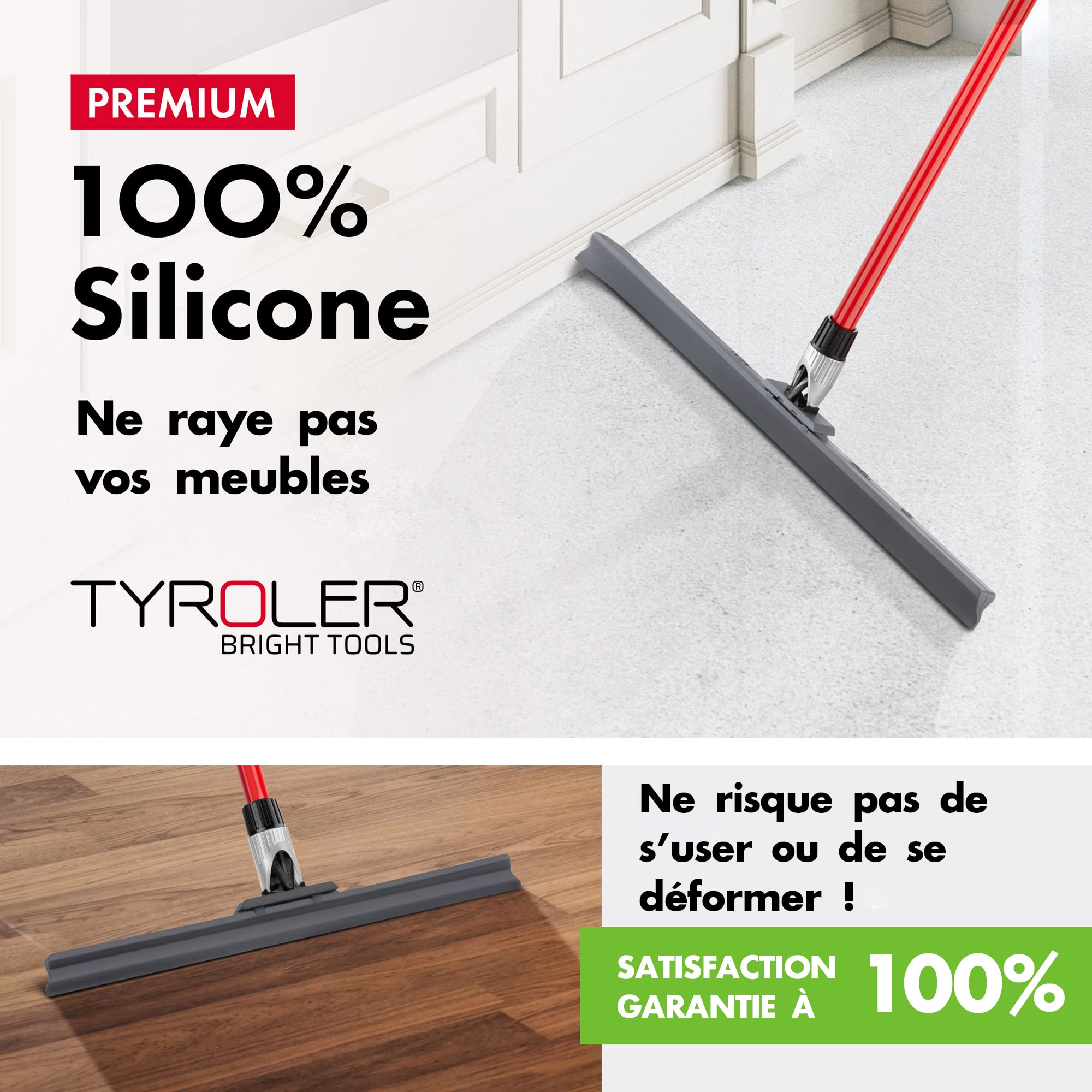 Tyroler Balai Raclette Sol Extérieur Terrasse | Tête de 45 cm 100% Silicone | 4 Parties de 140 cm de Long | Idéal pour Toutes Les Surfaces | Raclette Douche Sol | Raclettes Professionnelle