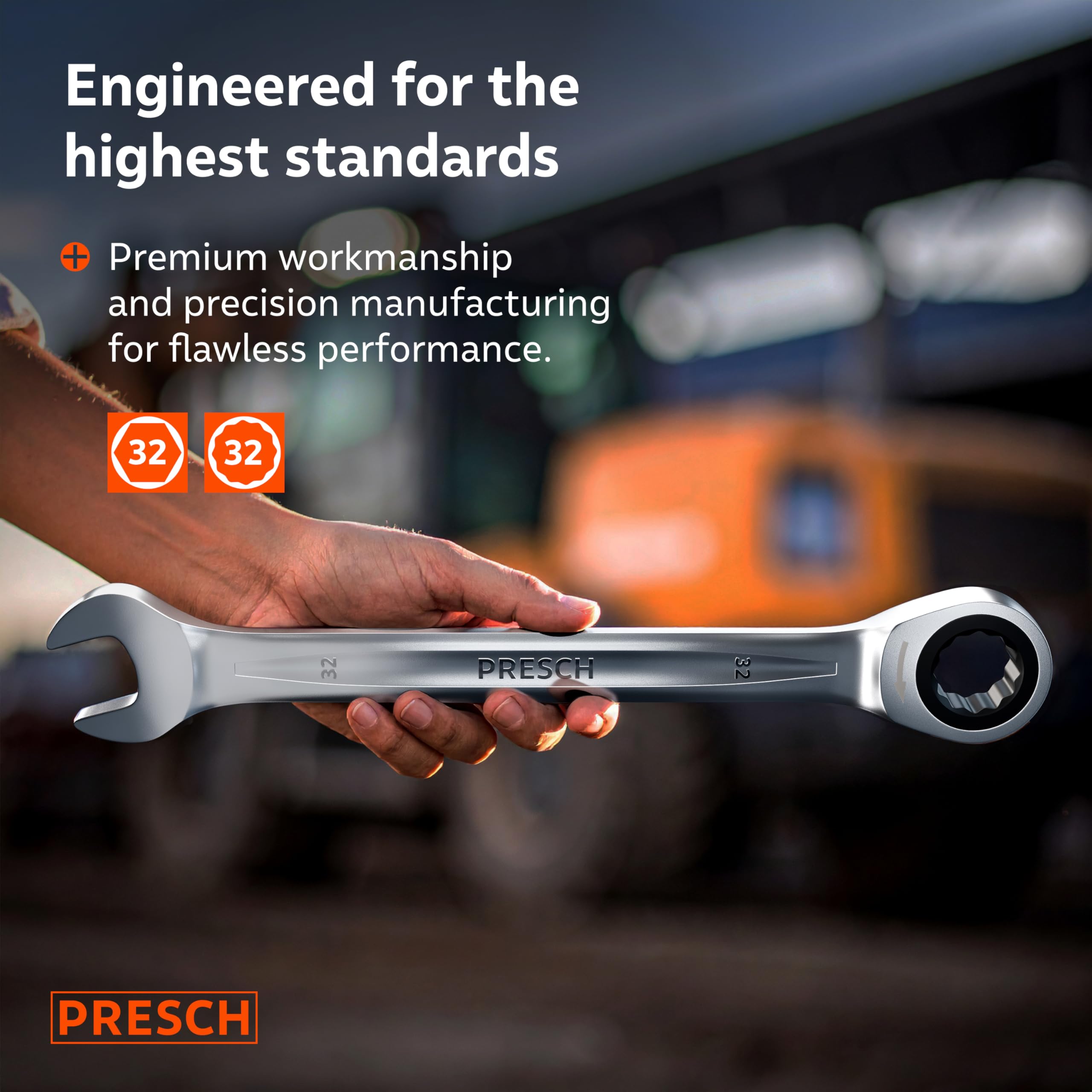PRESCH Ratchet Spanner 32mm, Minimal Return Angle (2.7°, 135 Teeth), 15° Offset for Tight Spaces, Precision-machined - Image 2