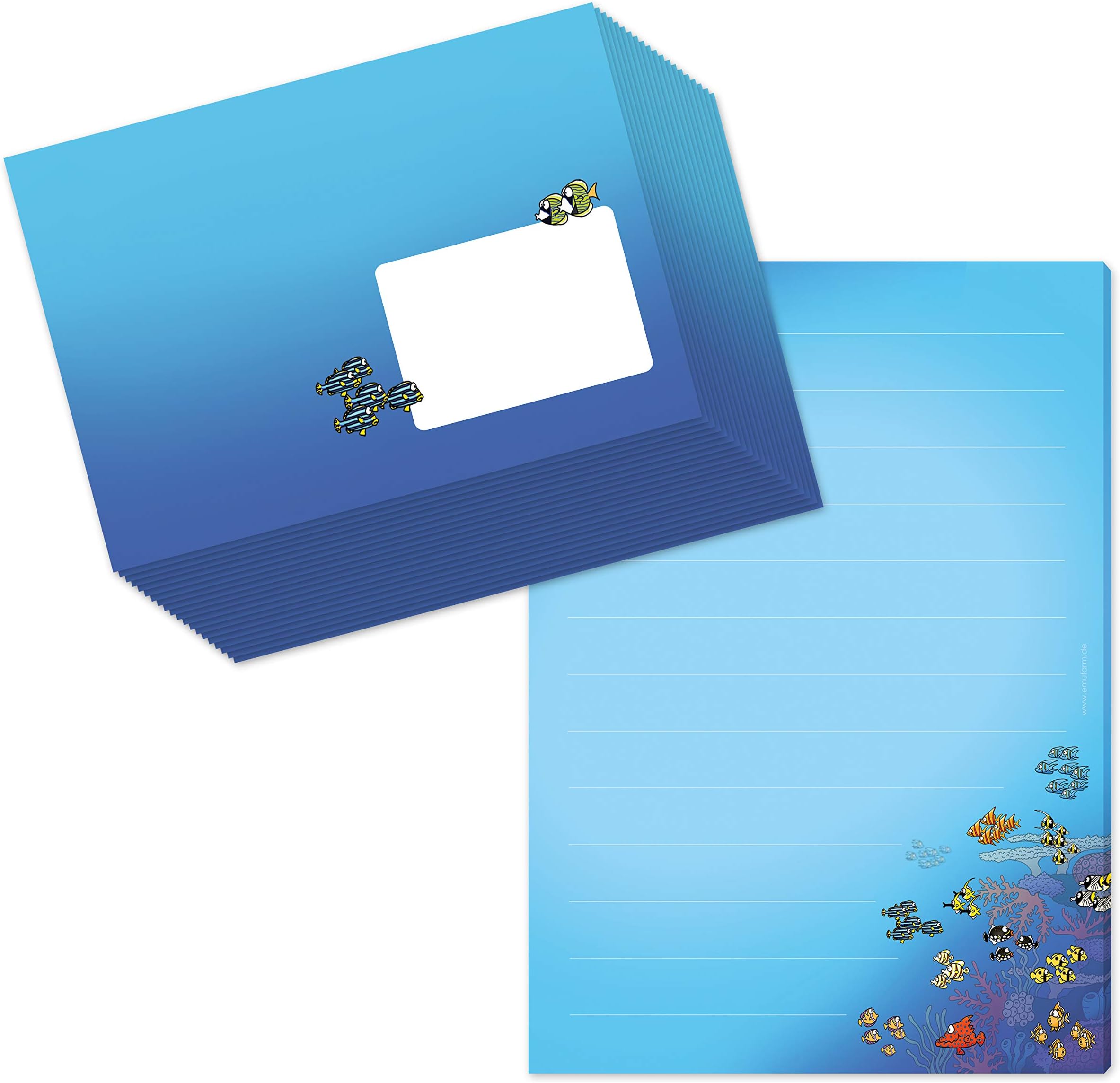 Children's writing paper/notepad, colourful fish design, DIN A5, lined 50 sheets, includes 20 matching envelopes, stationery for children, stationery set for boys, writing pad with lines