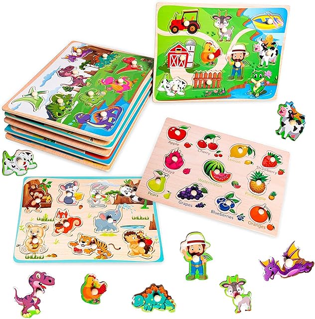 6 Pack Wooden Peg Puzzles for Toddlers, Kids Puzzles Set - Animals, Vehicles, Ocean, Dinosaur, Fruits and Farm, Educational Learning Toys for Boys & Girls