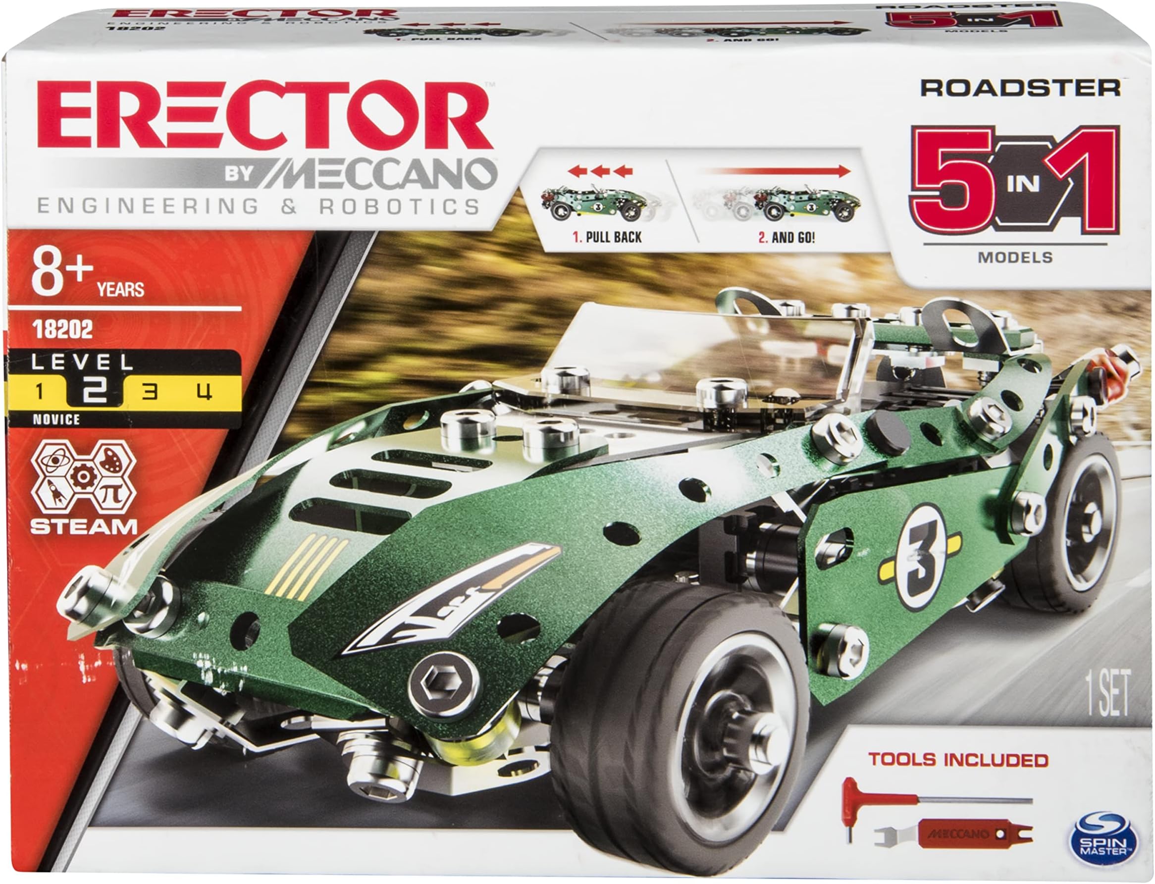 MECCANO Erector Roadster 5-in-1 Building Kit, 174 Parts, STEM Engineering Education Toy for Ages 8 and Up