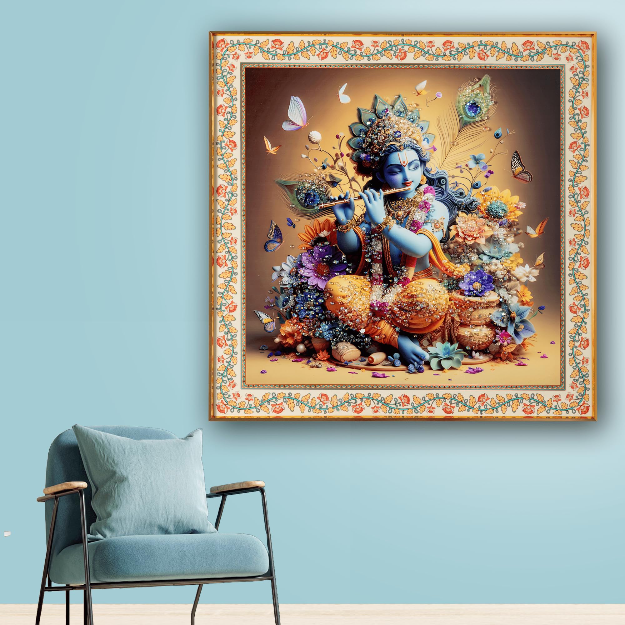DEKOR CENTRE - Eternal Melody, Krishna ji Playing the Flute | Crystal Painting for Wall Decoration | Ideal for Home, Office, Hotels, Bedroom and Living Room Decor | Size - 23.5 X 23.5 Inches (Aluminium Frame)