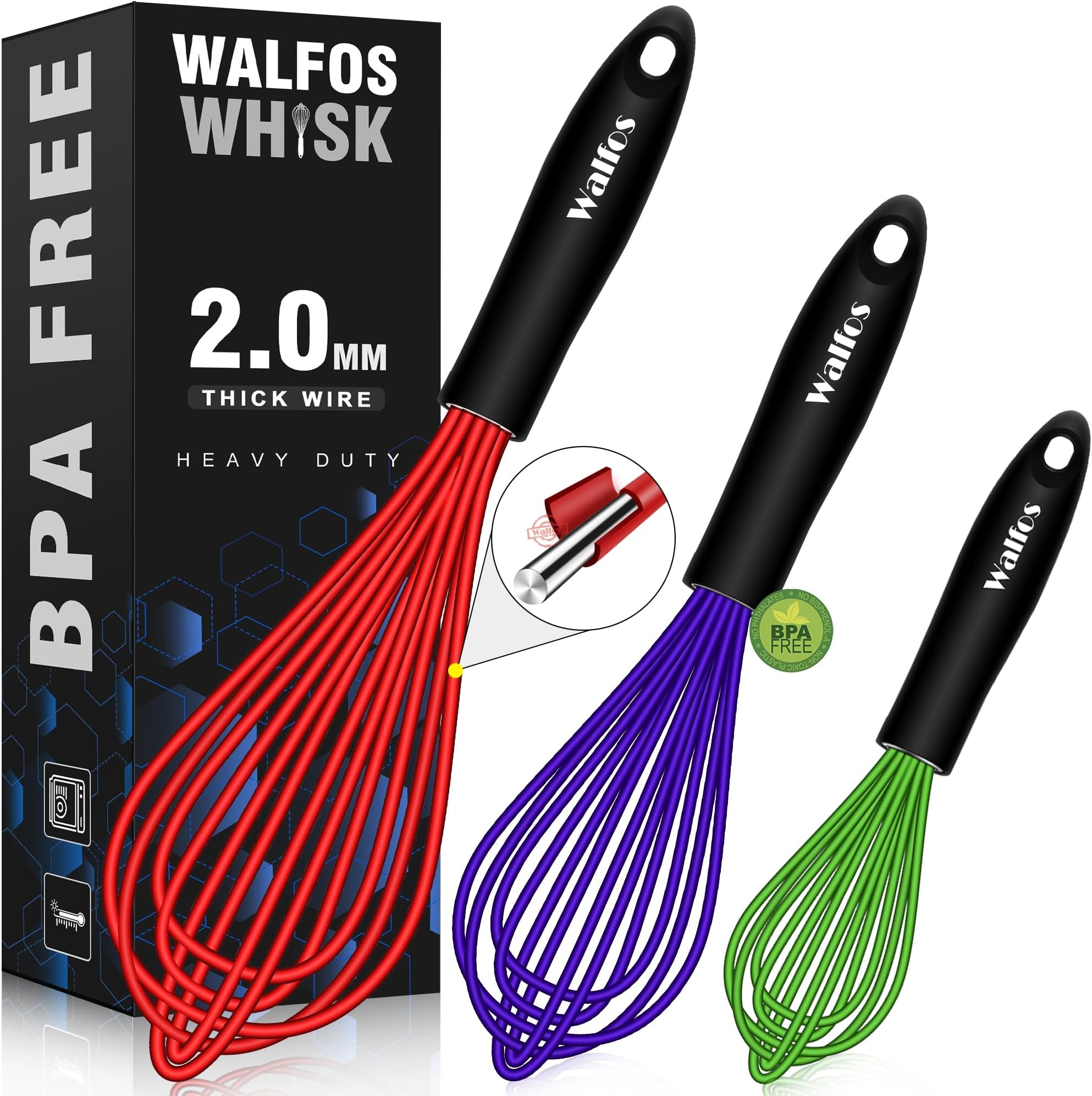 Whisk,7+9+11in Silicone whisk, BPA free Whisks for Cooking Non Scratch. Heat Resistant(480°F) Wisk. Perfect for Blending, Mixing, Beating etc.Dishwasher Safe.Set of 3 (Colorful)