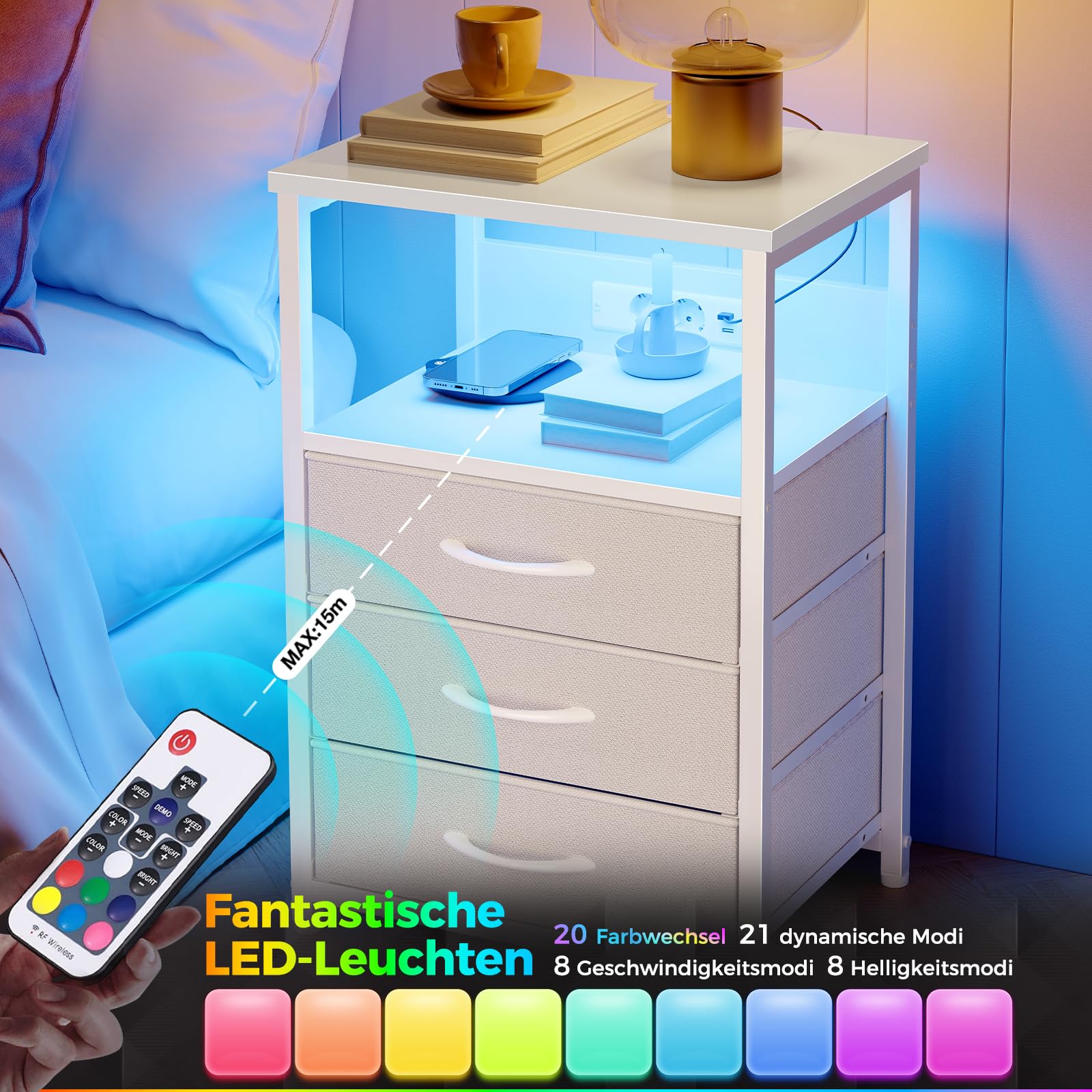 Rolanstar Nachttisch mit LED, Nachtschrank mit 3 Schubladen, Beistelltisch mit Ladefunktion, Platzsparend & Einfach Montiert für Schlafzimmer, Geeignet für Wohnzimmer, Weiß 2pcs