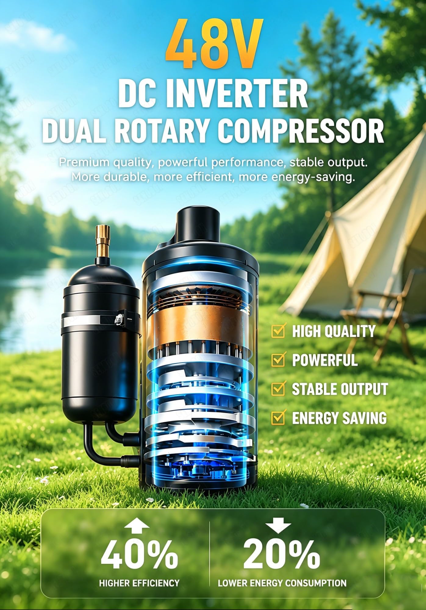 Piccola unità di condizionamento 4 in 1 per campeggio, condizionatore d'aria portatile per camper, 6200 BTU 550W, alimentazione 48V DC/110V/220V AC, dispositivo di raffreddamento compatto