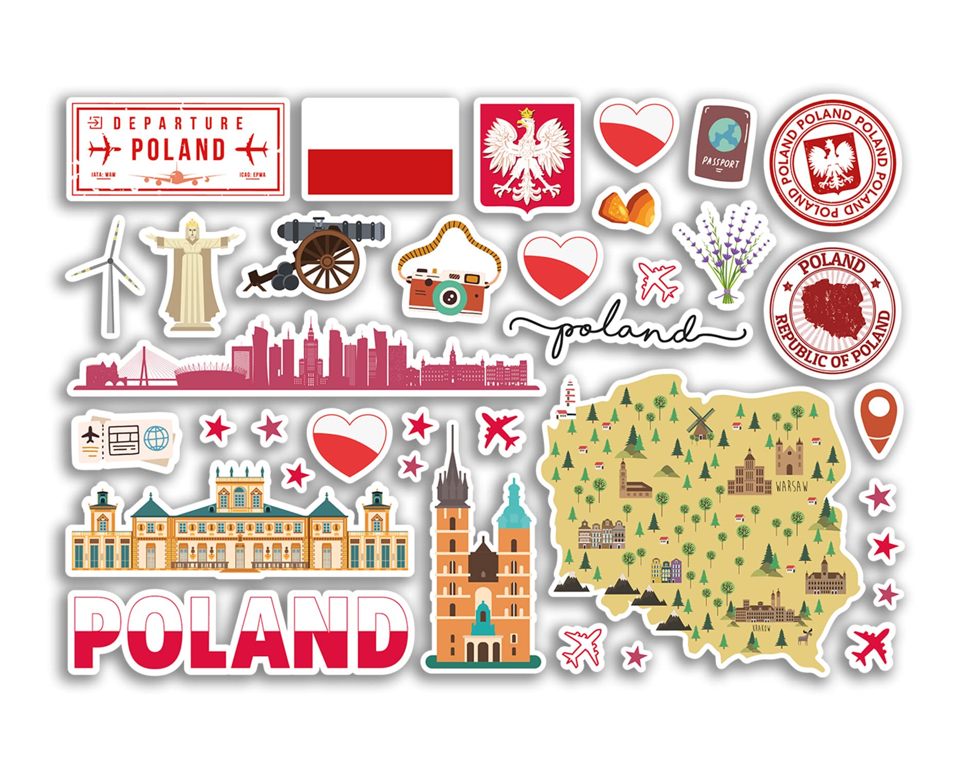 A5 Sticker Sheet Poland Landmarks Vinyl Stickers - Polish Map Airport Stamp Skyline Flag Travel Holiday Country City Aesthetic #80378