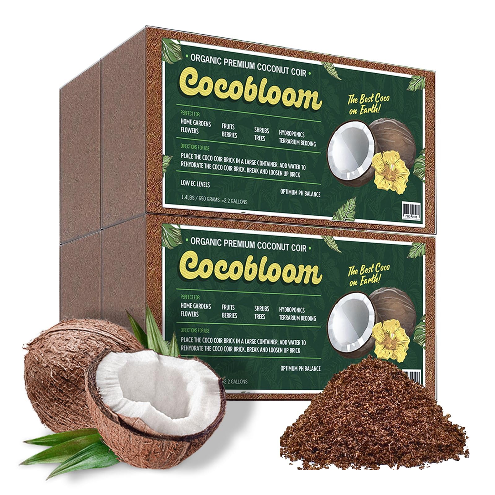 Organic Coco Coir - Coco Bloom by GROWVIDA - Low EC & PH Levels - Growing Medium for Plants, Vegetable Gardens, Herbs and More - Indoor & Outdoor - 1.4LB Each Brick = 2.2 GALLONS (4 Coco Coir Brick)