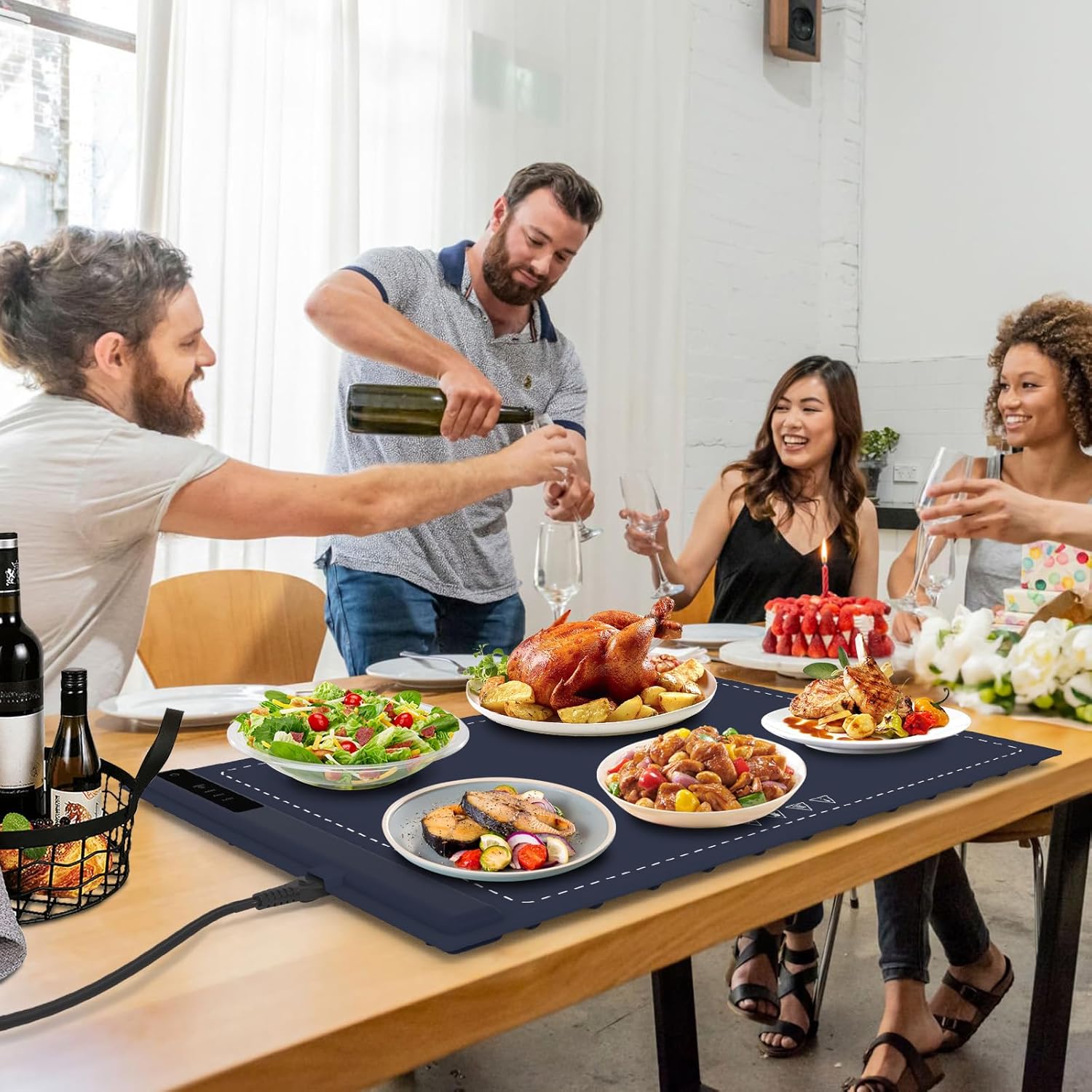 Electric Warming Tray - 3 Modes &Full Surface Heating,Rollable & Portable,Premium Silicone Nano-Material,3 Temperature Settings,Auto Shut-Off -Versatile Food Warmer for Gatherings,Parties (Dark Blue)