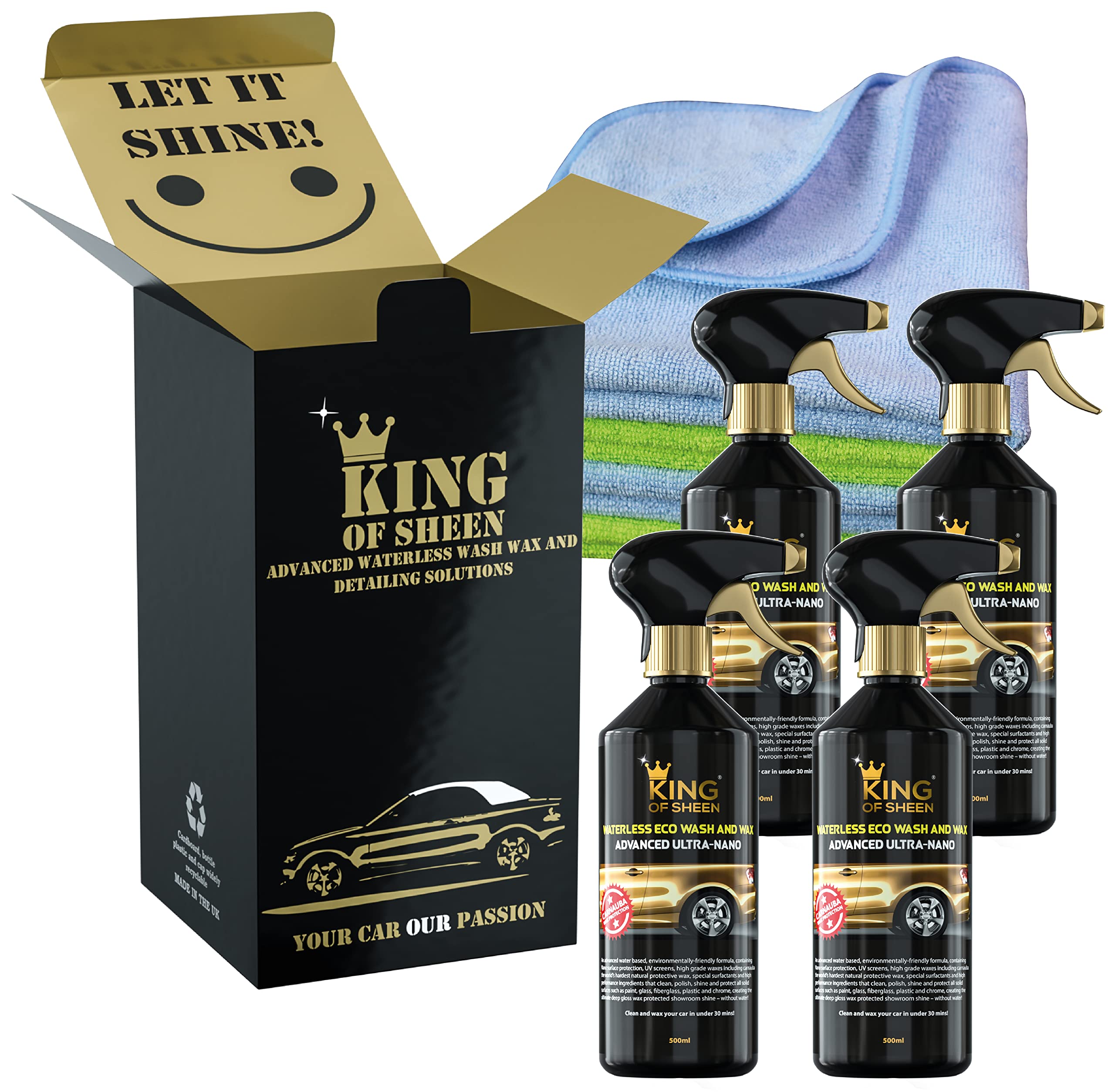 King of SheenAdvanced Ultra Nano Waterless Wash and Wax Bulk Pack 4 x 500ml bottles.Car Cleaner with Carnauba Wax and Nano Polymers