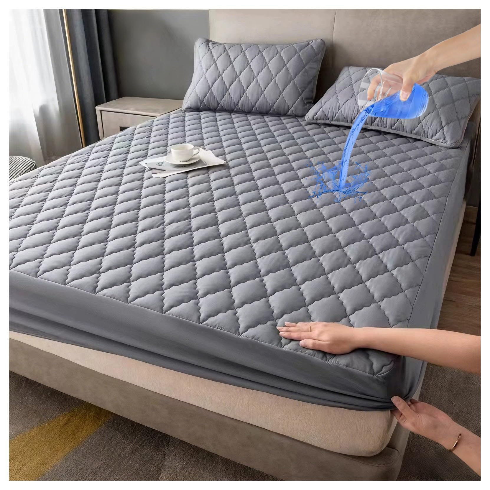 Protector de colchón impermeable y silencioso con acolchado grueso gris