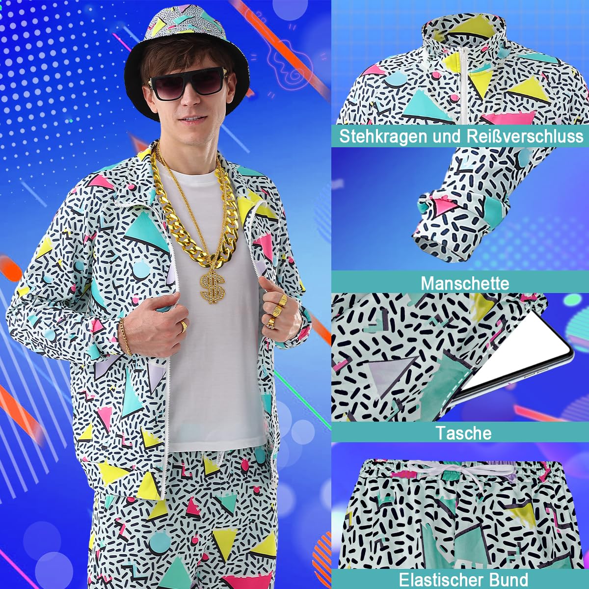 Chándal para hombre, disfraz de los años 80 y 90, traje de chándal para hombre, juego de pantalones, riñonera hinchable, bolsa de gueto, gafas de sol, sombrero, collar, pulsera, anillo, hip hop, ropa