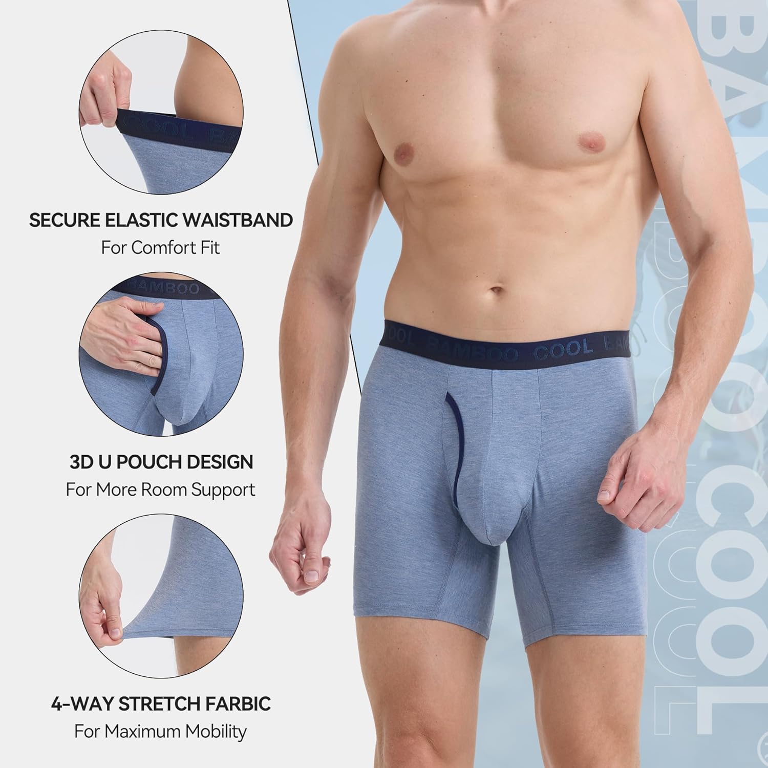 BAMBOO COOL Men's Underwear Boxer Briefs,Regular Leg,Breathable Soft Moisture-Wicking with Fly Underwear For men 4 Pack - Image 5