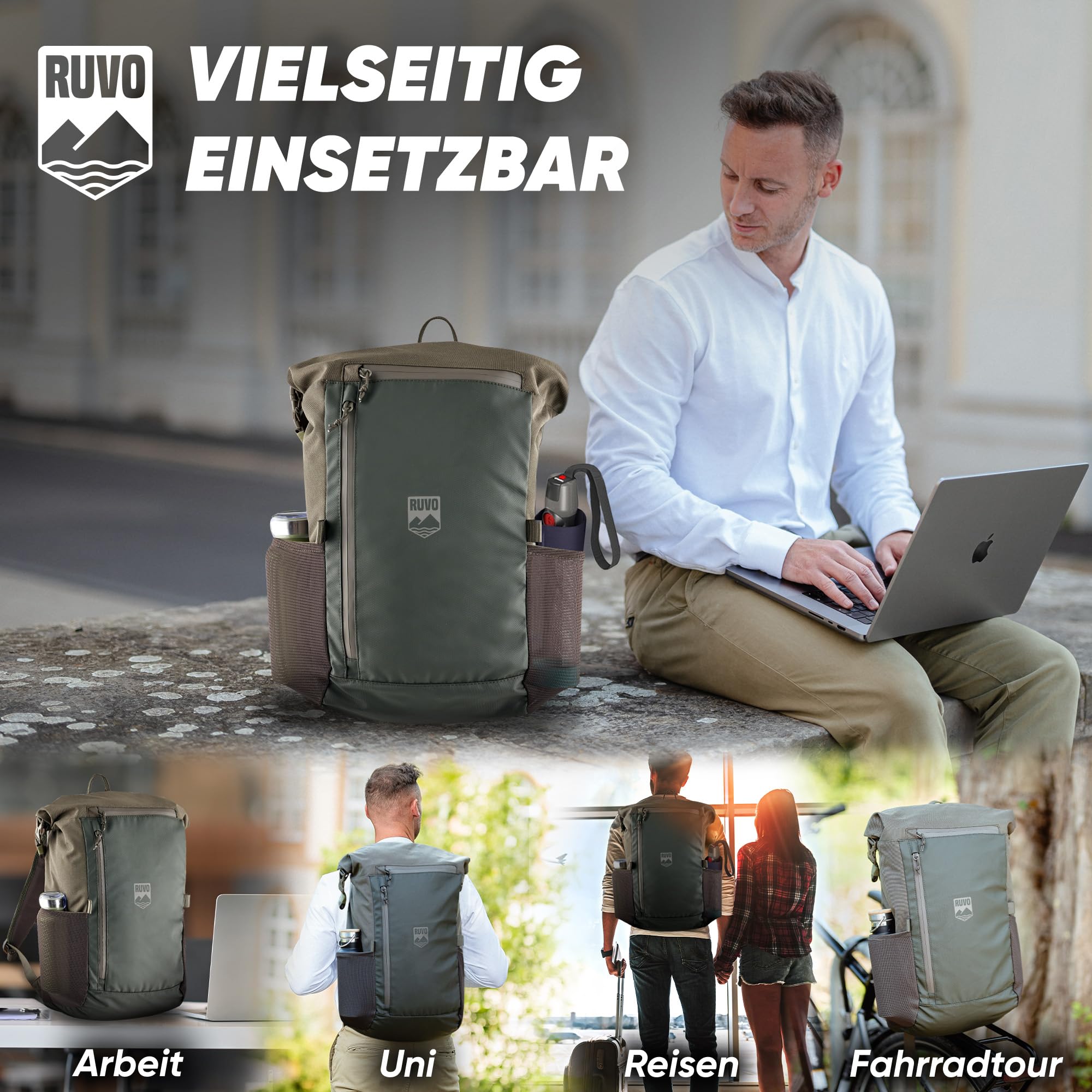 RUVO® Premium Rucksack I Rolltop Rucksack mit viel Stauraum, wasserabweisend & robuster Verarbeitung I Tagesrucksäcke für Arbeit, Reisen & Freizeit