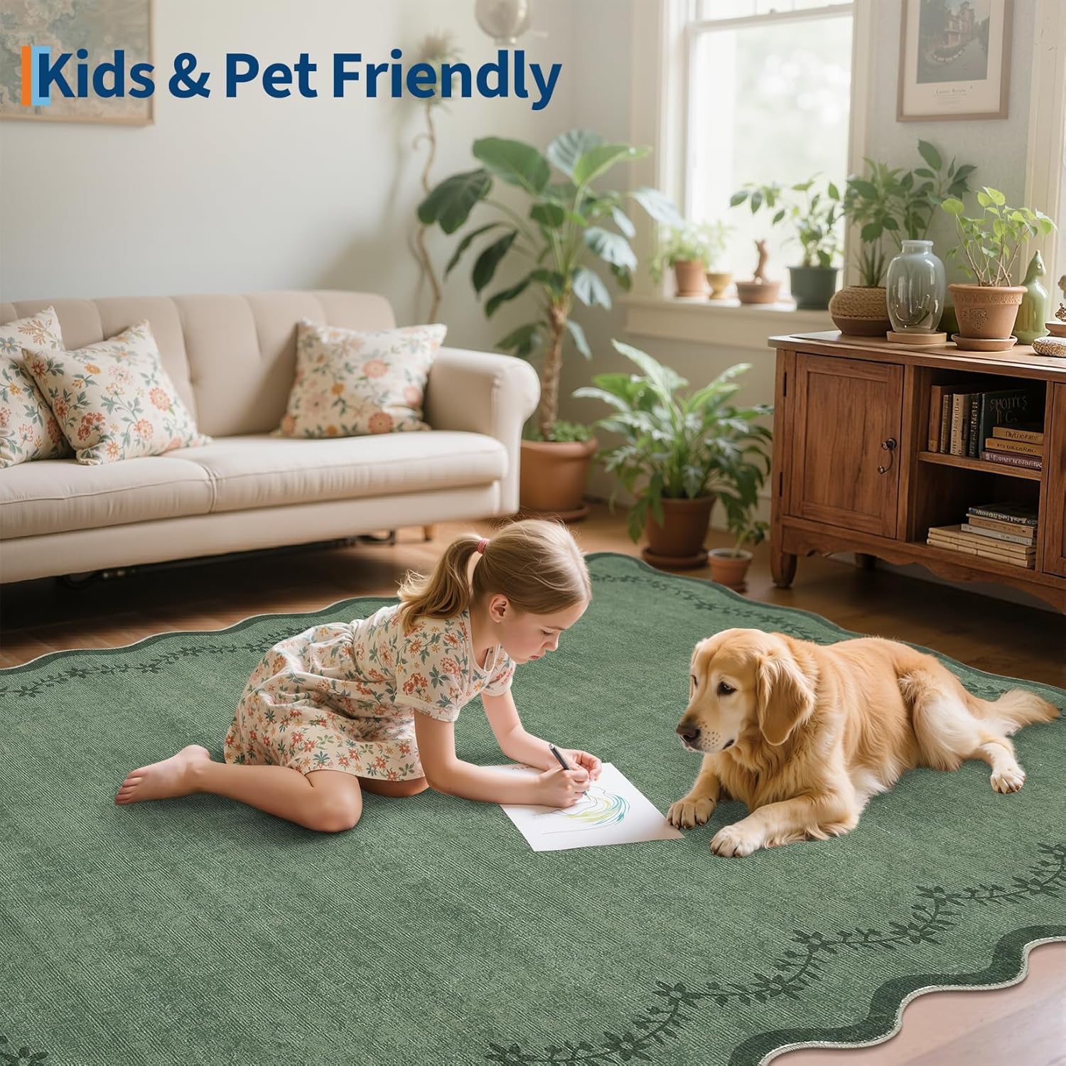 GarveeHome 2.6x10 Scalloped Washable Runner Rug for Kitchen, Soft Dark Green Long Hallway Runner Non Slip Entryway Rug Farmhouse Thin Laundry Mat Stain Resistant Carpet for Bathroom Beside Rug