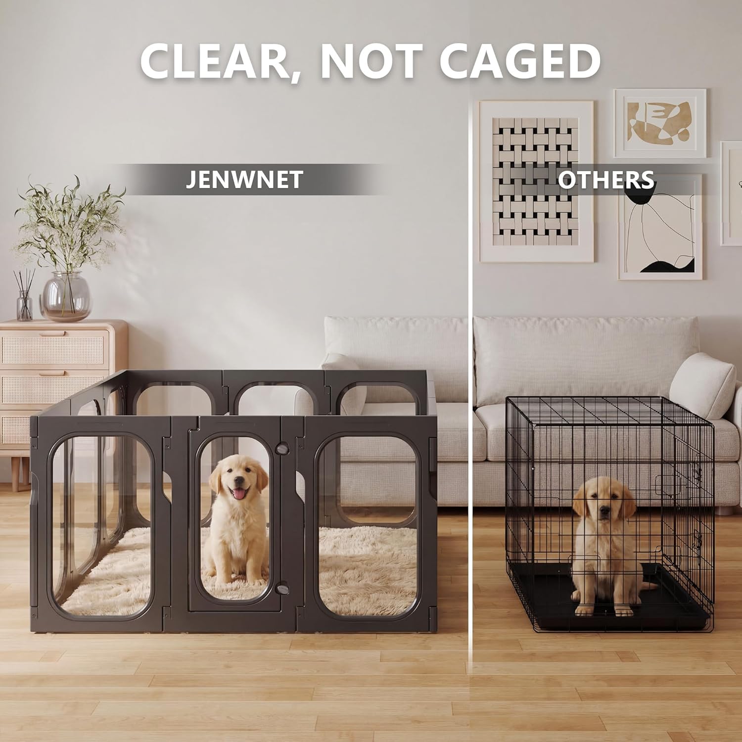 Acrylic Clear Dog Playpen Indoor with Door, 26'' H Transparent Dog Play Pen for Small Dogs, No-Connector Modular Puppy Playpen with Integrated Suction Cups Base, 10 Panels, Black