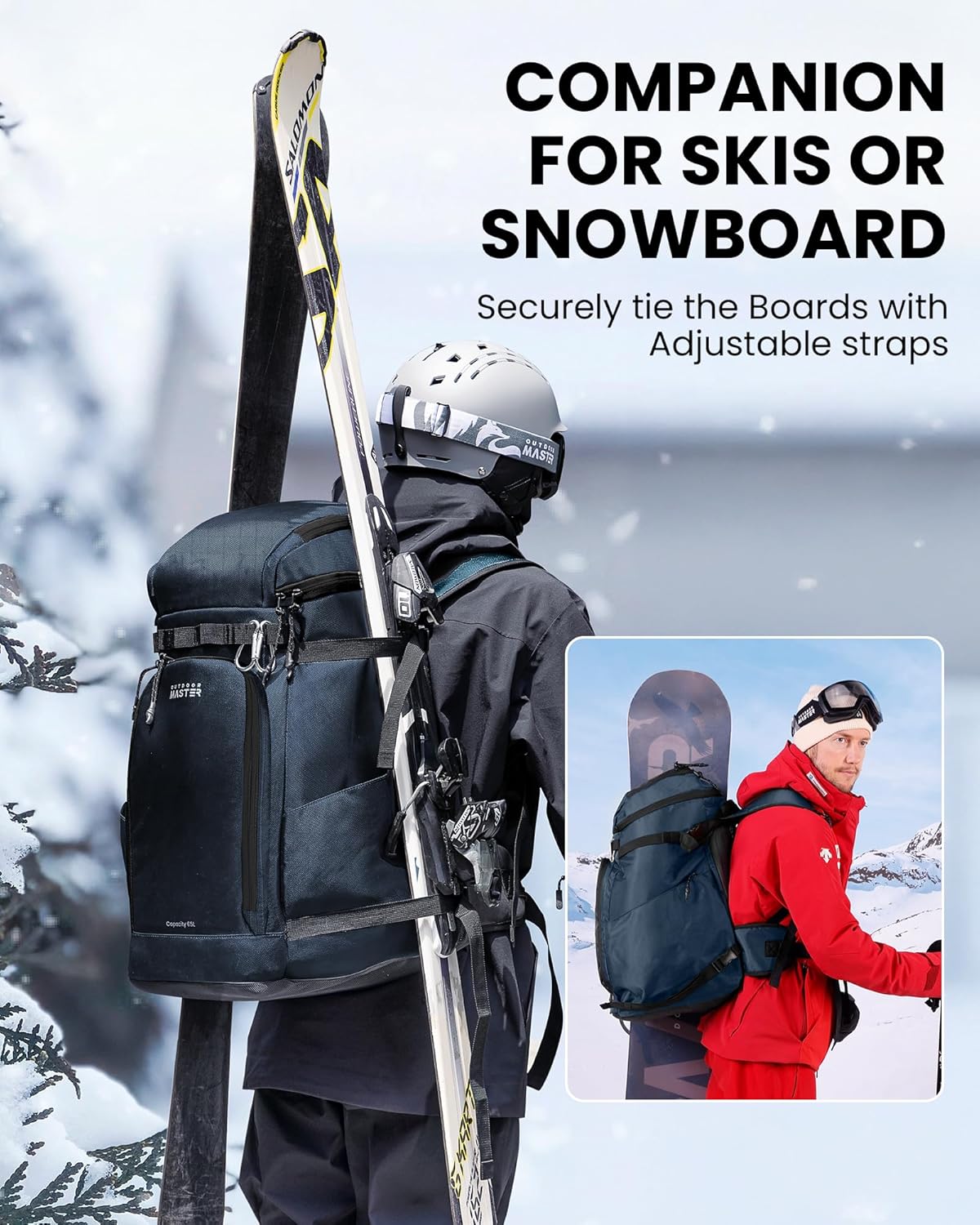 OutdoorMaster Ski Boot Bag, Snowboard Boots Travel Backpack for Helmet, Ski Shoes, Goggles, Gloves and Accessories, Waterproof Exterior & Bottom