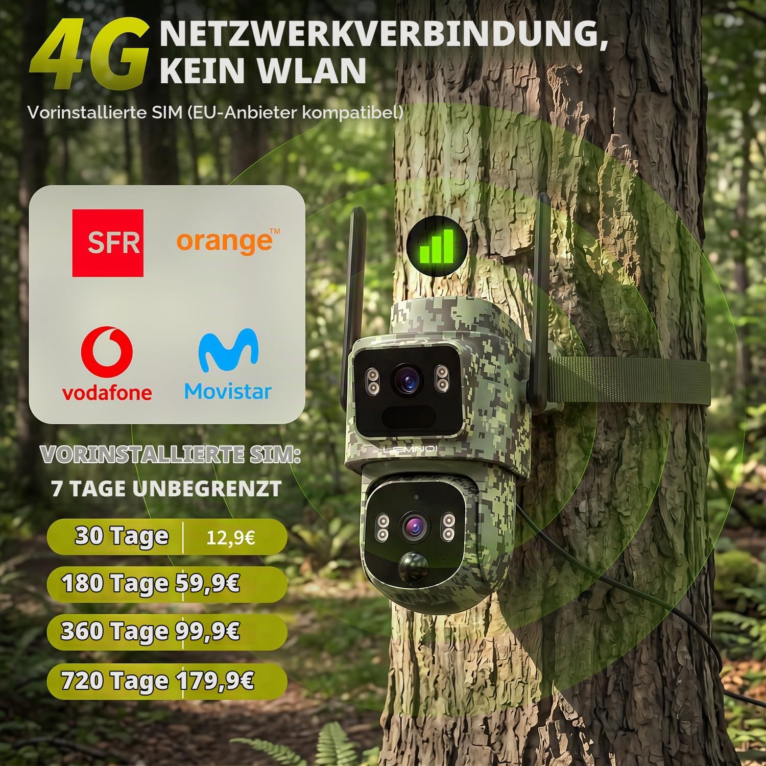 Lemnoi 4G Solar Wildkamera mit Dual-Objektiv, 2K HD, Objektverfolgung, IP66