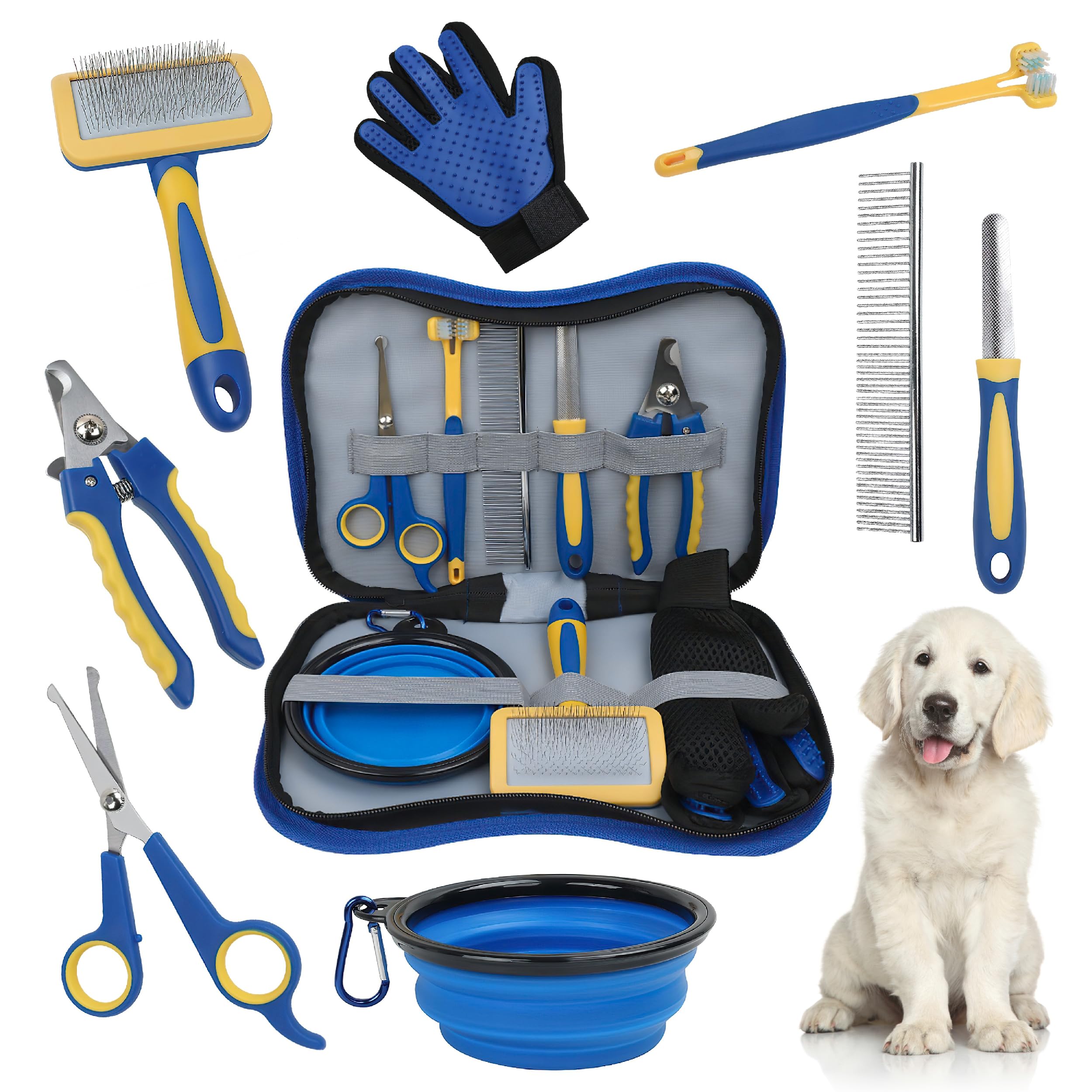 Photo 1 of BAUZA Dog Grooming Kit 8 in 1, Dog Toothbrush, Dog Pin Brush, Dog Nail Clipper, Collapsible Dog Bowls, Hair Removal Glove For Dog, Dog Metal Comb, Nail File For Dogs, Dog Grooming Scissors