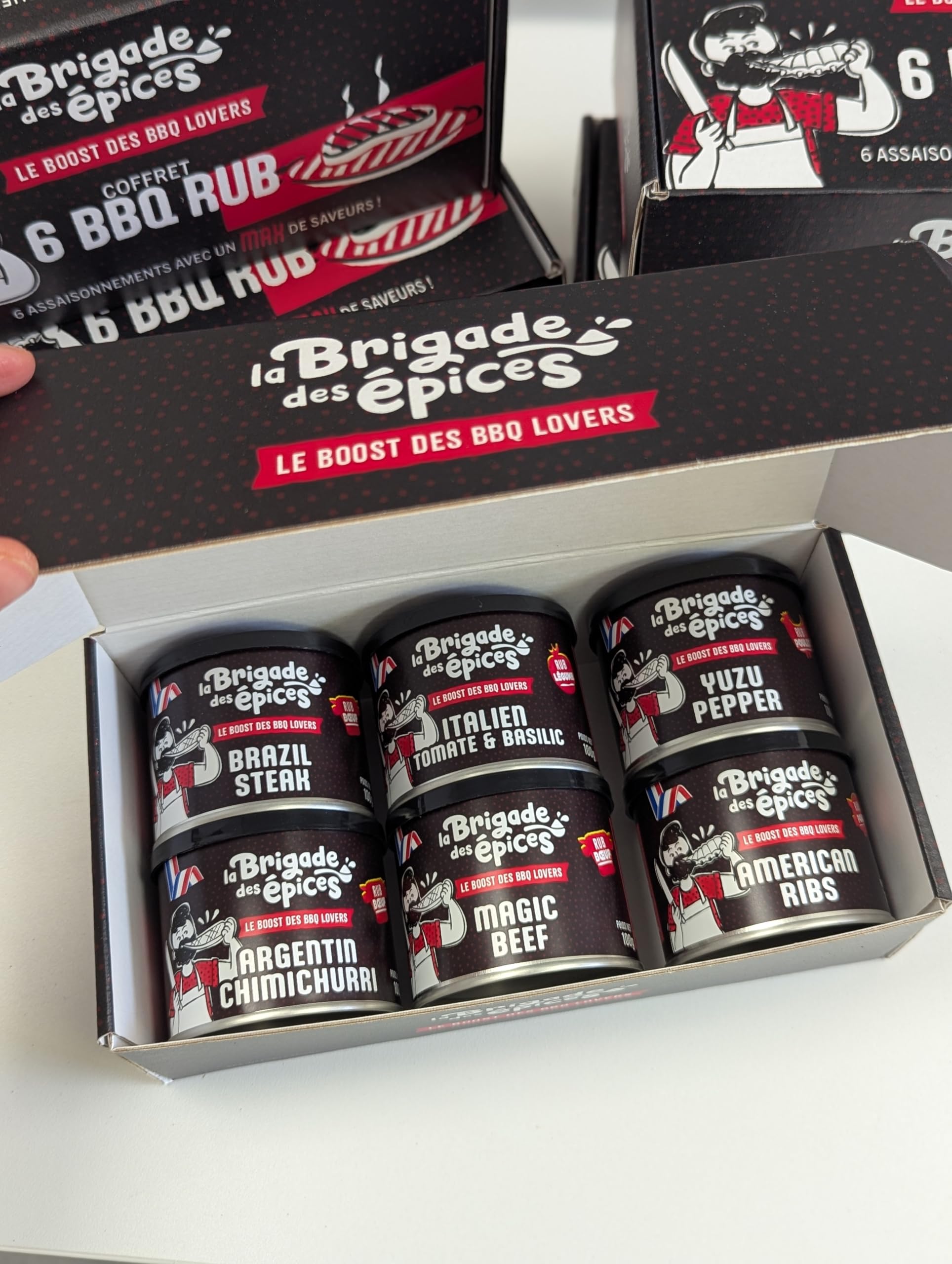 La Brigade des Épices - Coffret BBQ LOVER - Cadeau pour Hommes - 6 Marinades sèches et rubs pour Barbecue - Fabriquées en France & 100% Naturels