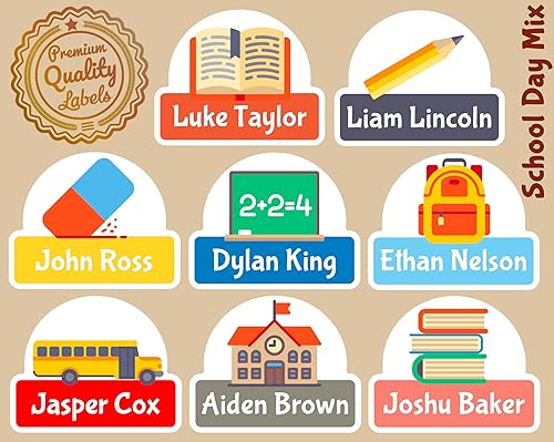 Iconos personalizados para el día escolar Etiquetas de nombre, 16 unidades, calcomanías perfectas para niños para guardería y suministros