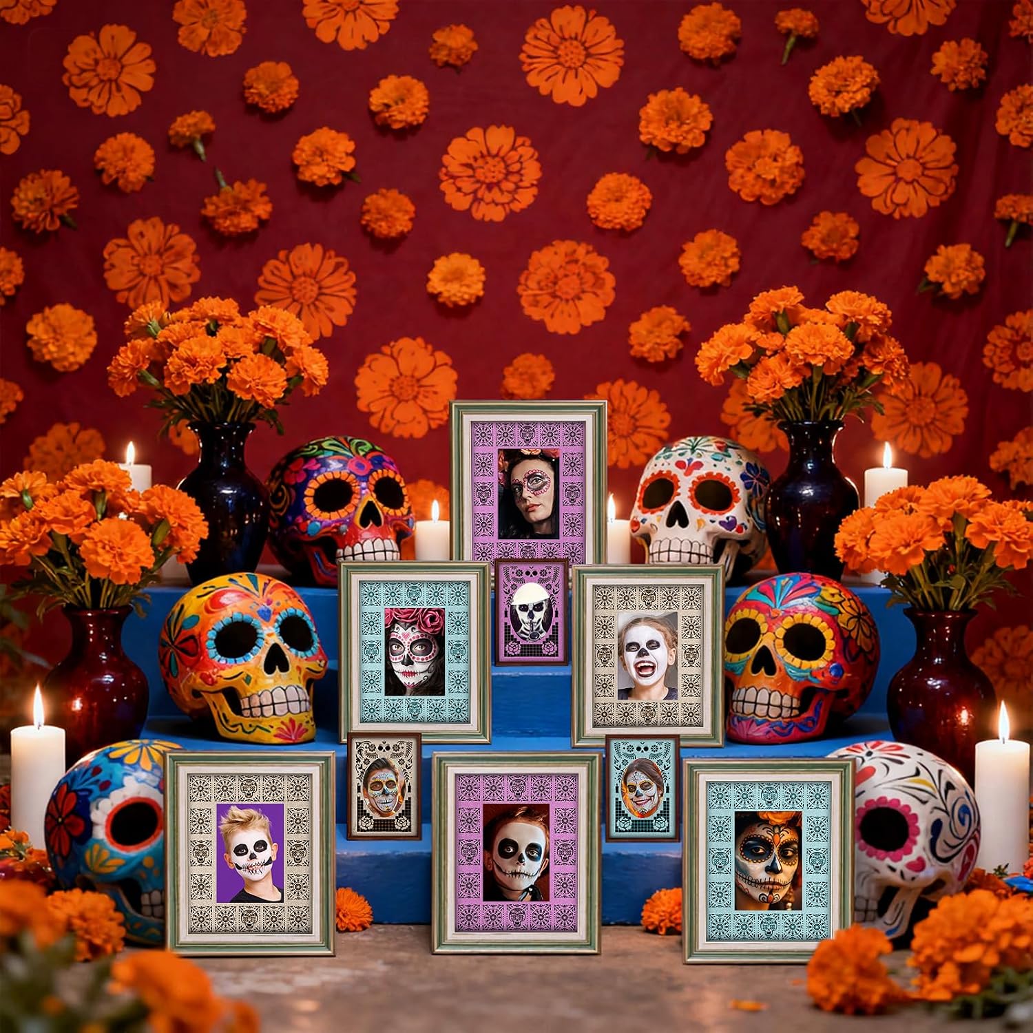 Feifeiya 12 Pcs Day of the Dead Paper Picture Frame Mats Dia De Los Muertos Altar Ofrenda Decorations Papel Picado Frame Glitter Card Stock Frames Photo Decoration for 4 x 6 and 2.5 x 3.5 Inch Inserts