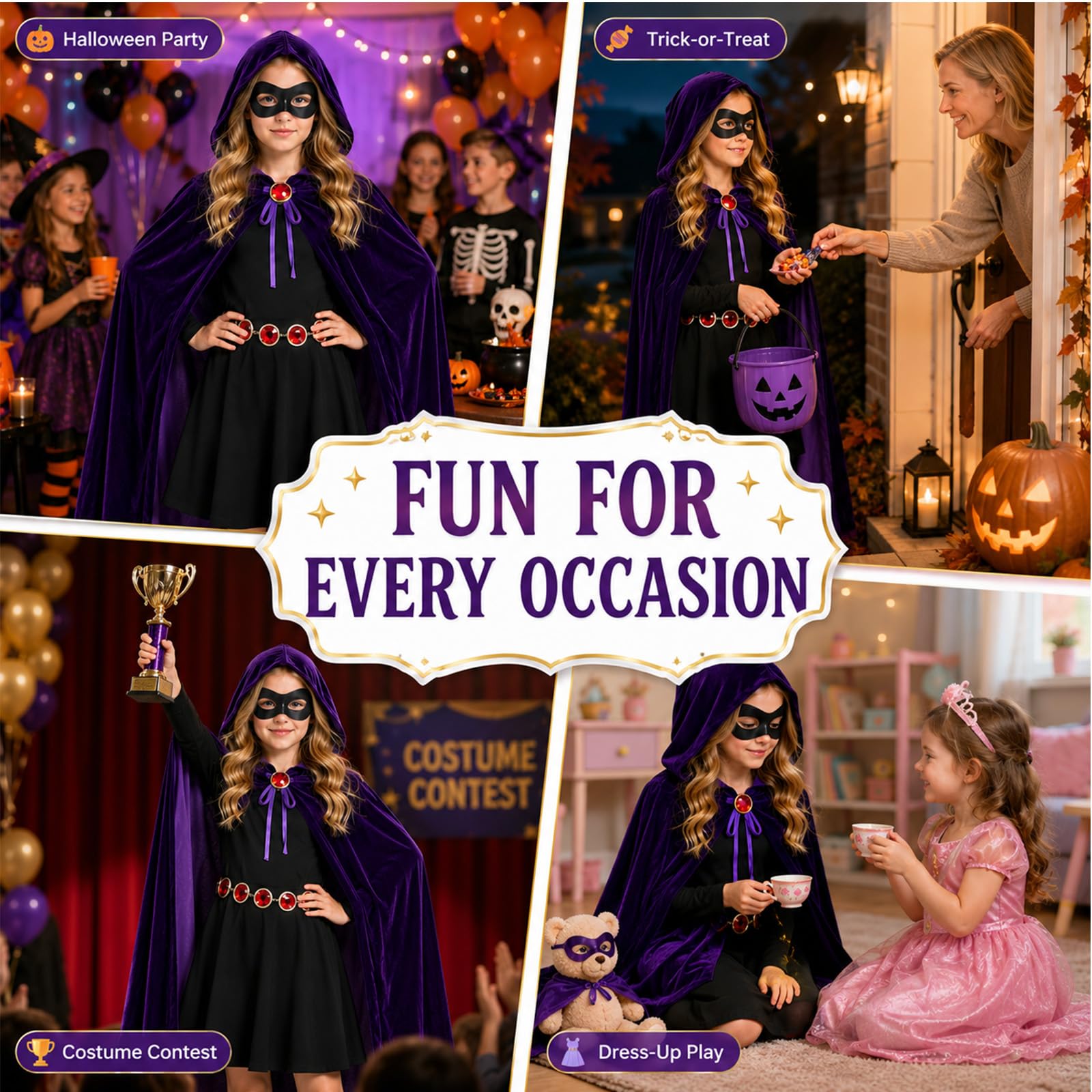 Costume da corvo per bambini, mantello viola in velluto con cappuccio, mantello con cintura, maschera per occhi con gemme rosse, per cosplay, anime, abiti di Halloween, 4 pezzi