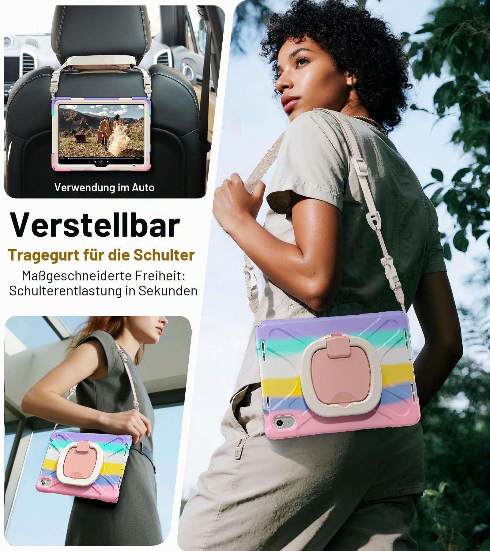 BRAECN Schutzhülle für iPad 10. Generation 2022 27.7 cm (10 Zoll) A2696 A2757 A2777, robuste Silikonhülle mit drehbarem Ringständer, stabiler Ständer, Schultergurt, Displayschutzfolie, buntes Pink