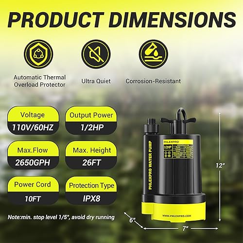 Miniatura 2 de Bomba de sumidero sumergible de 12 HP, bomba de agua eléctrica de alto flujo de 2650 GPH, eliminación eficiente de agua para sótano, jardín,