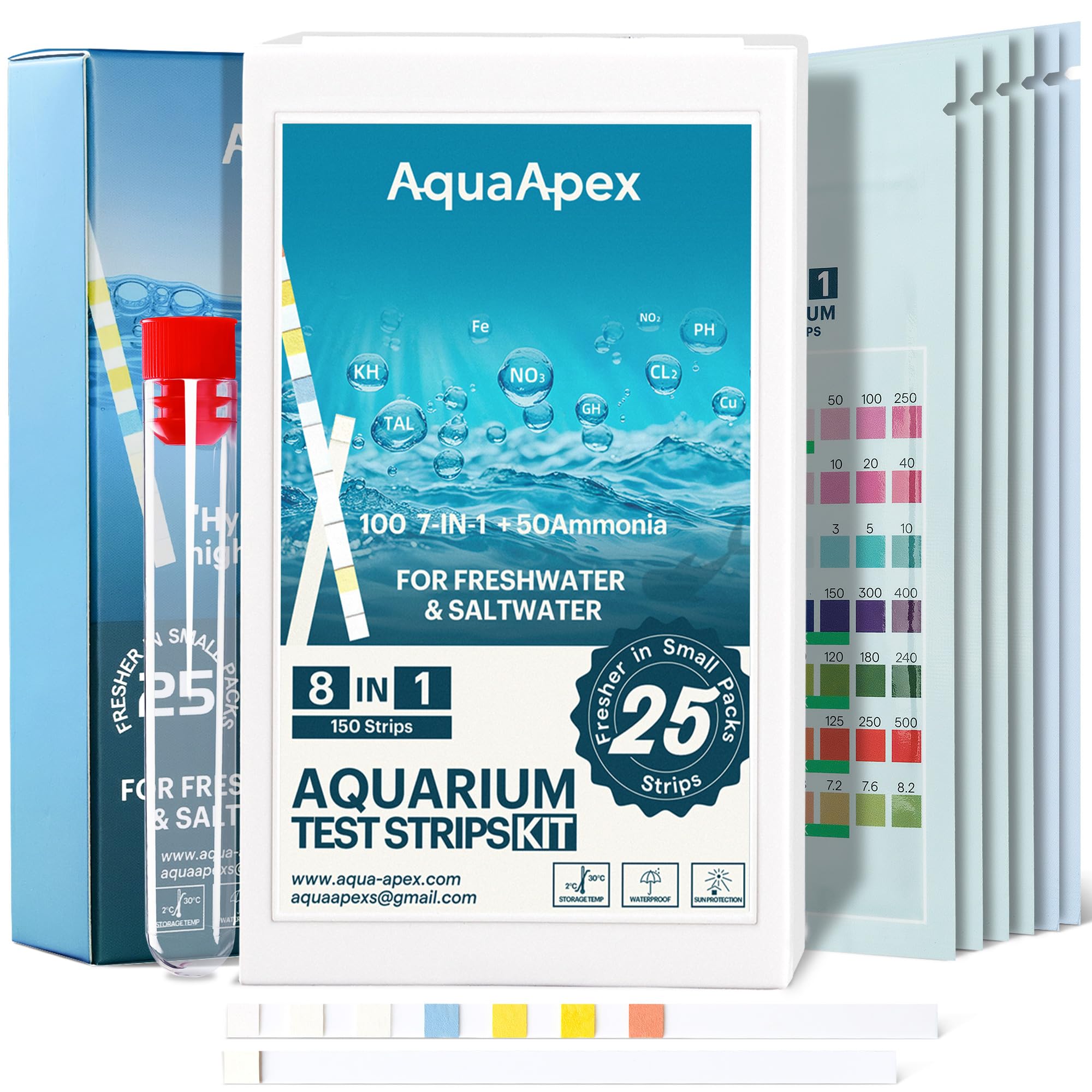Aquarium Test Strips Kit,8-in-1 150 Strips |100 Multi-Test + 50 Ammonia Strips | Ammonia Test Kit for Fish Tank Test Strips | Freshwater & Saltwater | Includes pH, GH, KH, Nitrate Test Kit and More