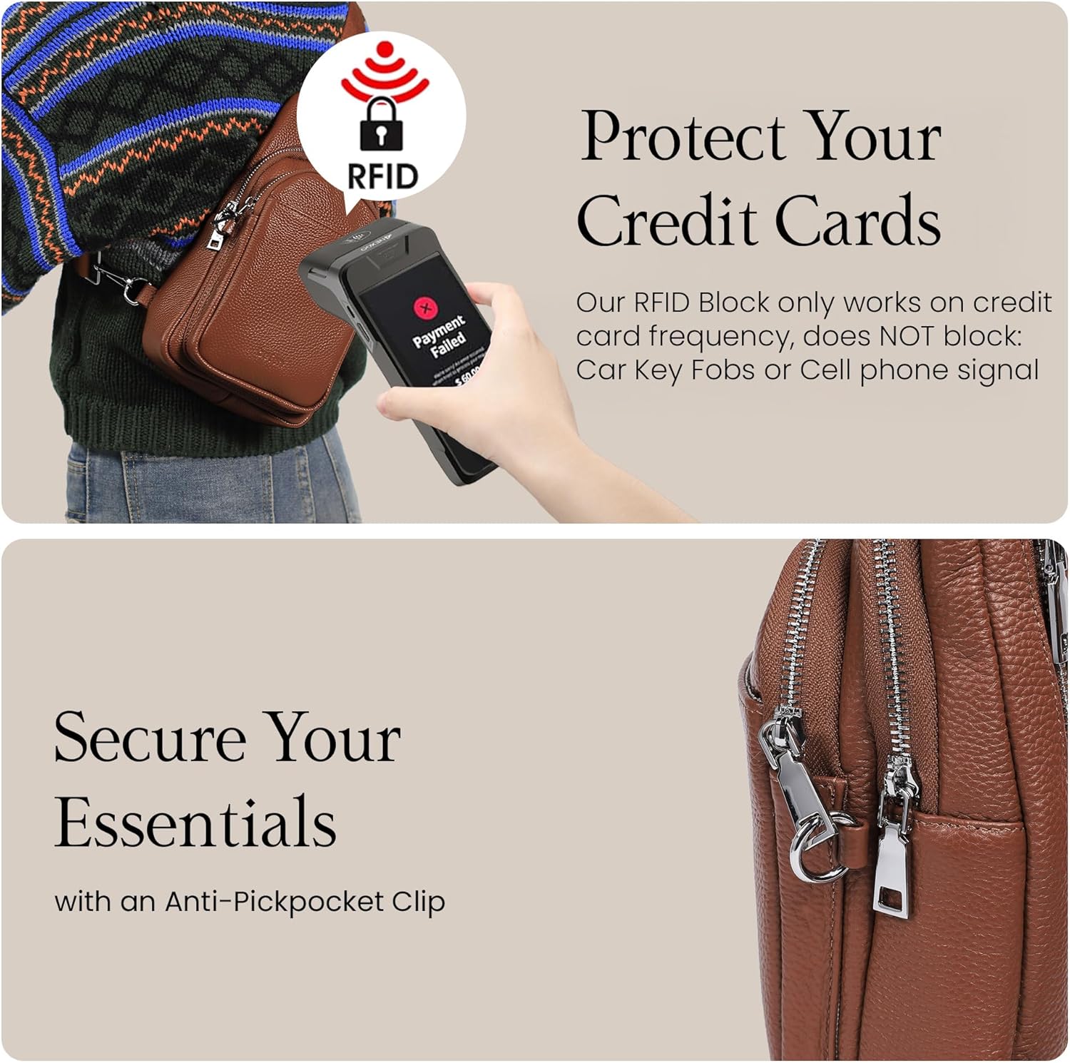 befen Genuine Leather Small Sling Bag for Women Anti-Theft Crossbody Chest Bags Fanny Packs for Travel with RFID Card Slots - Image 3