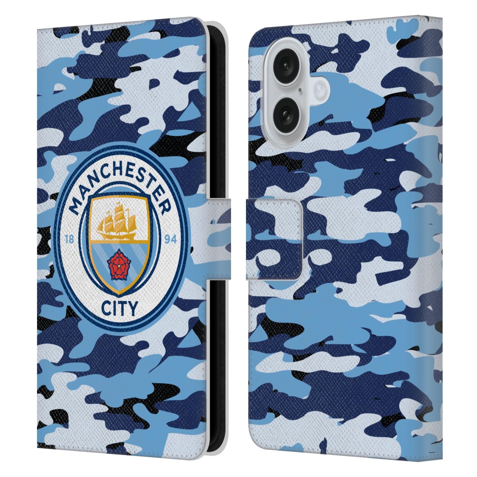Head Case Designs Officially Licensed Manchester City Man City FC Blue Moon Badge Camou Leather Wallet Case Compatible With Apple iPhone 16