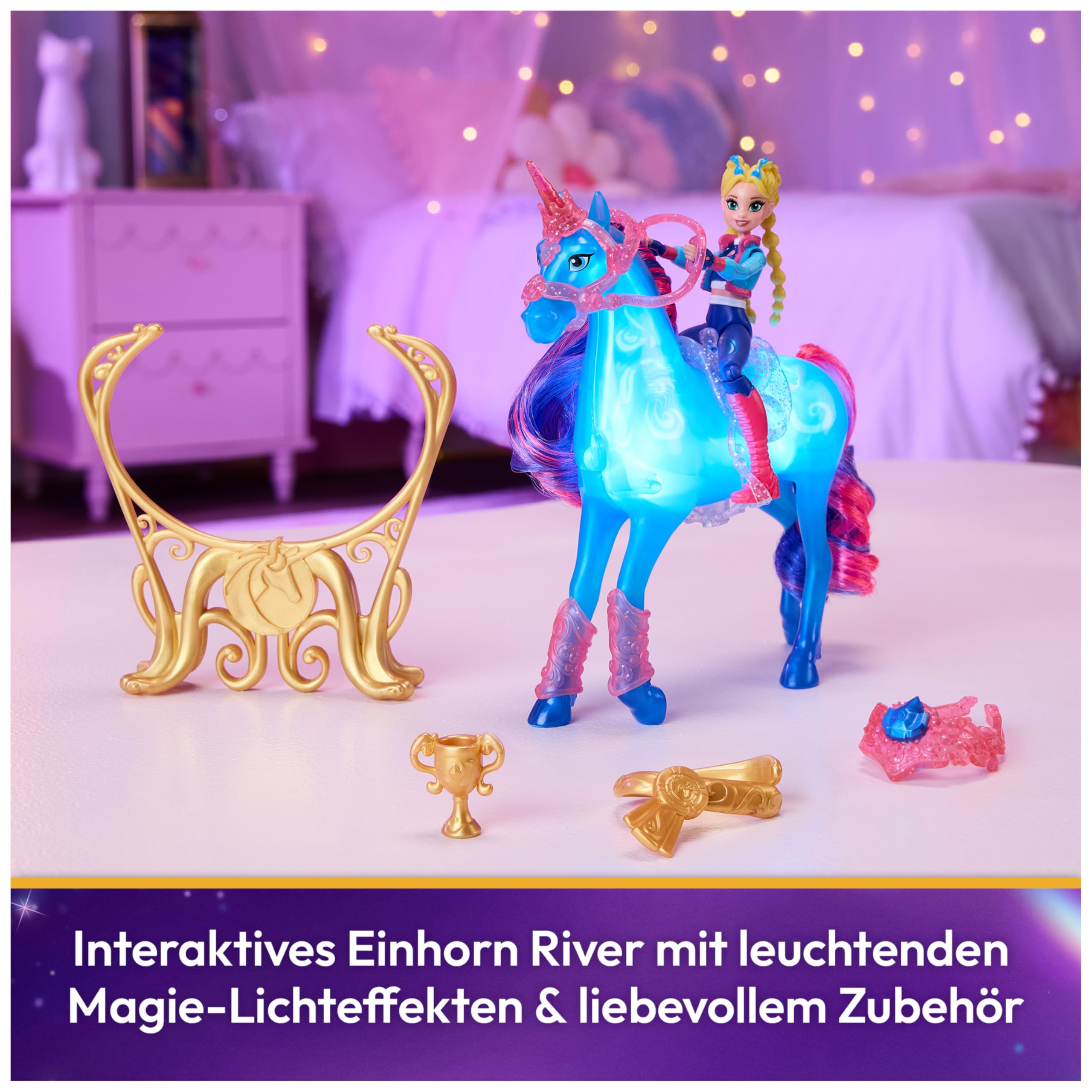 Unicorn Academy - Train and Glow River mit Isabel Set, ca 12 cm Originalfiguren zur Netflix Serie, mit Leuchtfunktion und Trainingszubehörteilen, für Kinder ab 4 Jahren