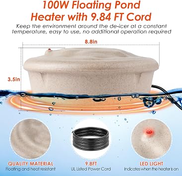 Dreyoo Floating Pond Heater, 100W Pond Deicer with 9.84 FT Cord, Thermostatically Control and Anti Sinking Ponds Heater for Outdoor Ponds with Fish, Winter Survival Solution for Pool Fish (Grey)