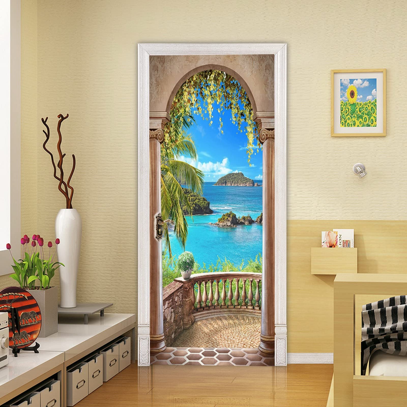 A.Monamour Türtapete Selbstklebend Türfolie Türposter 3D Blauer Meer Blick Durch Balkonbogen Vinyl Folie Türdeko Tapete Wandbild Türaufkleber Türtattoo 95 x 215 cm